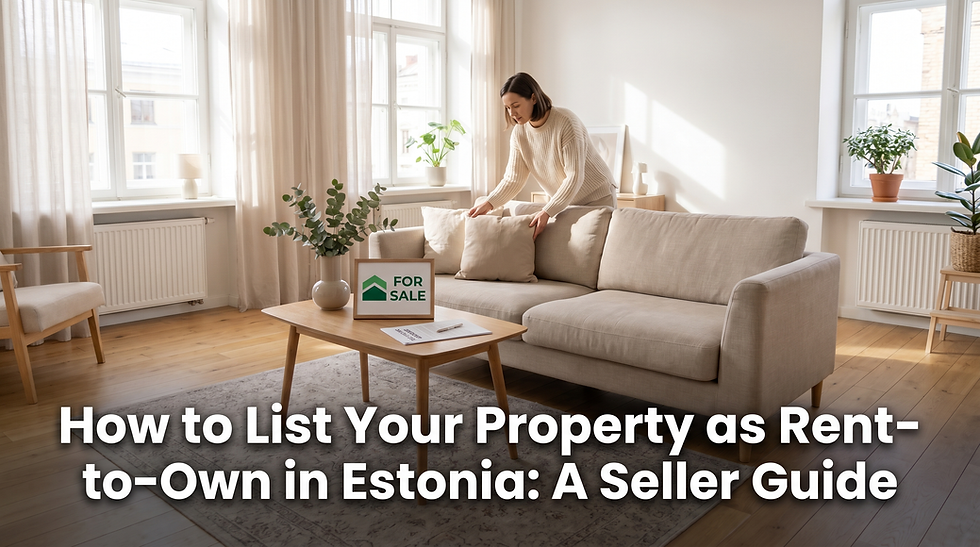 Property seller staging Estonian apartment for rent-to-own listing with contract and for-sale sign on table
