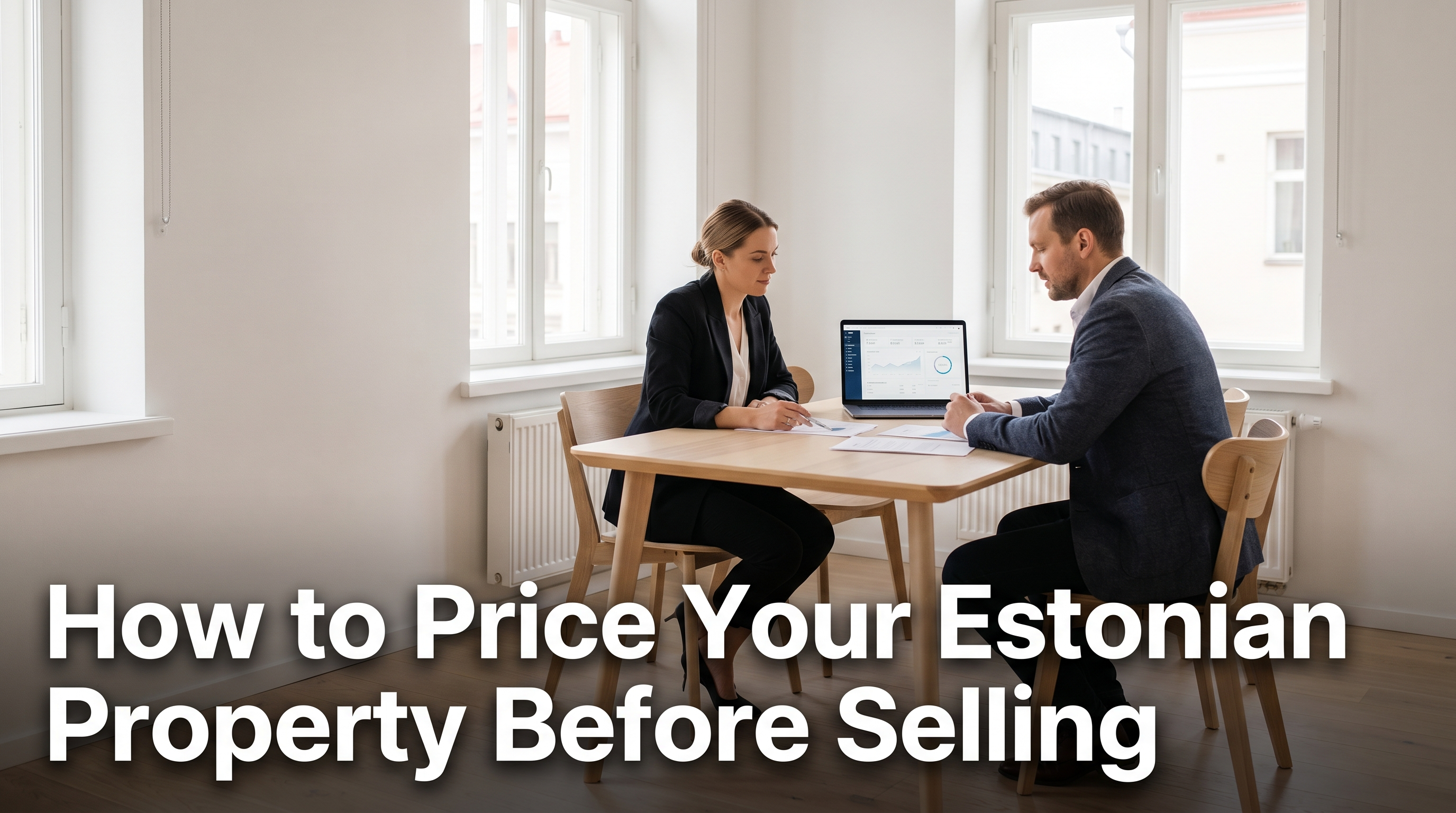 Property seller reviewing pricing documents with estate agent at a Scandinavian dining table