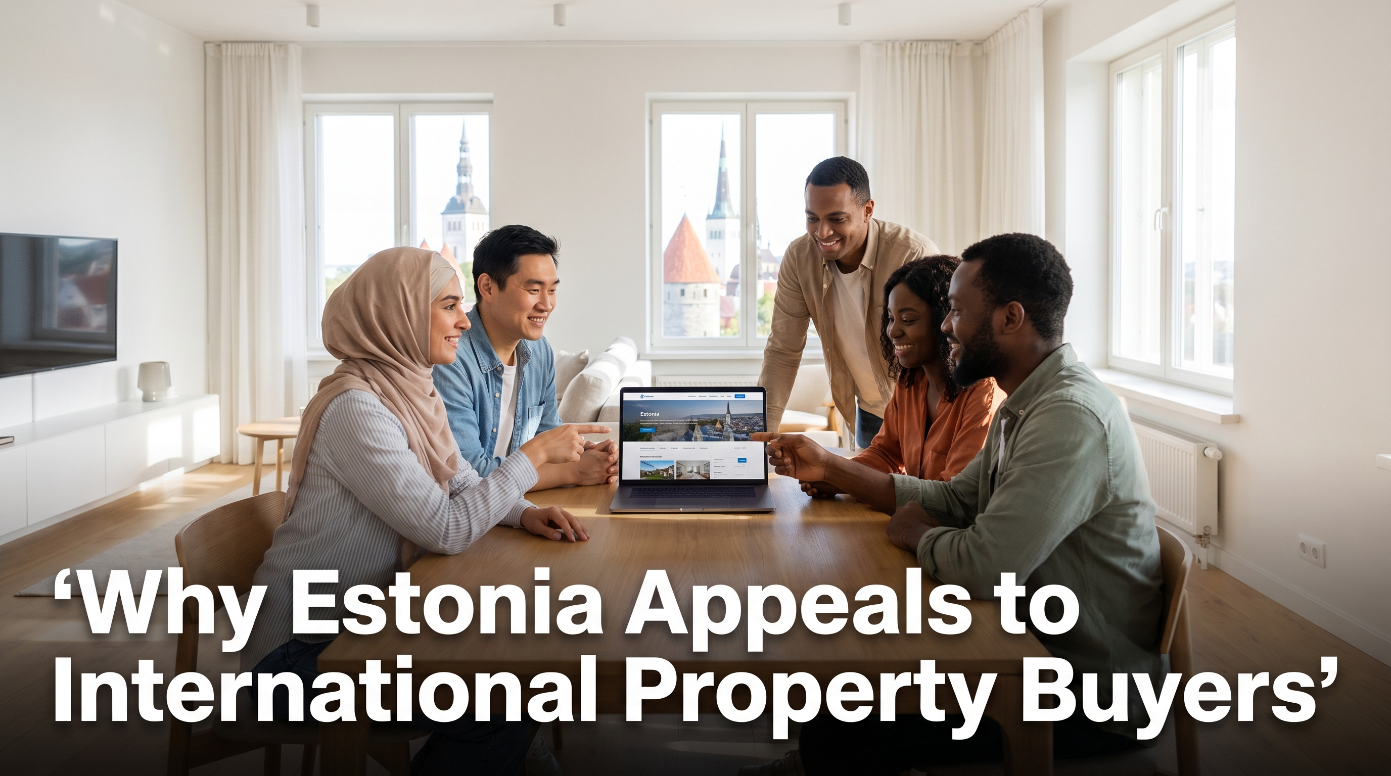 Diverse group of international buyers reviewing Estonian property listings on laptop in bright Tallinn apartment