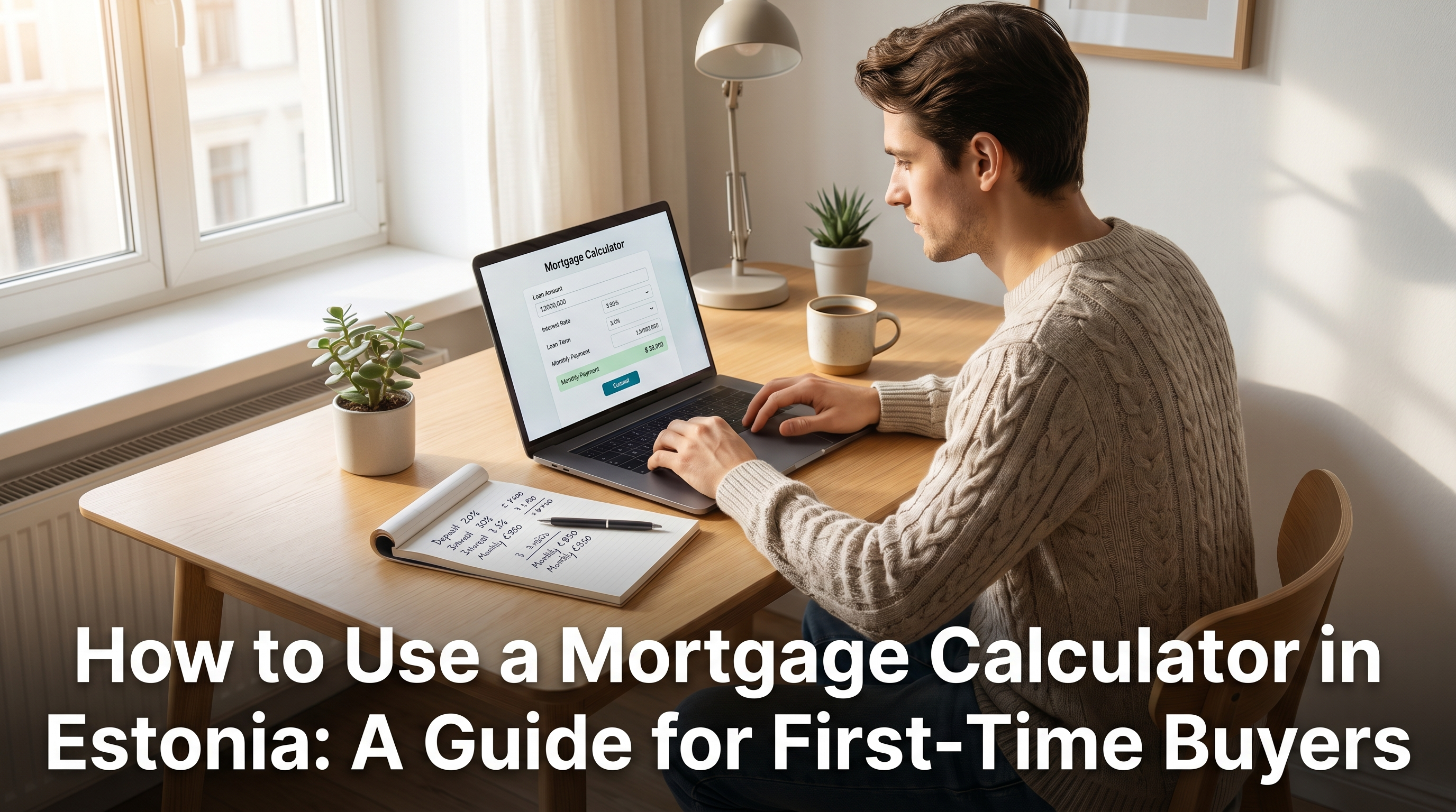 First-time buyer using online mortgage calculator on laptop with notepad of calculations in Nordic daylight