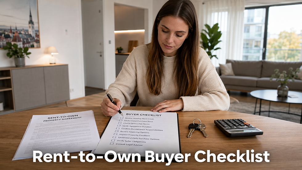 Buyer reviewing a rent-to-own checklist with property keys and contract documents in Estonia