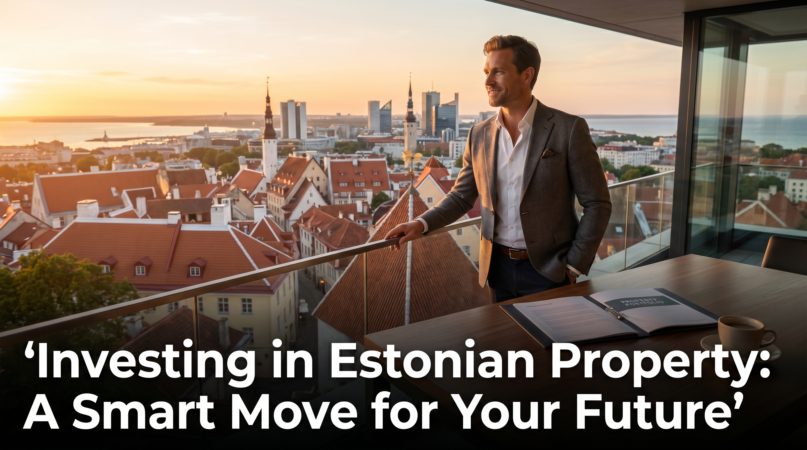 Confident property investor looking over Tallinn skyline from modern apartment balcony at golden hour
