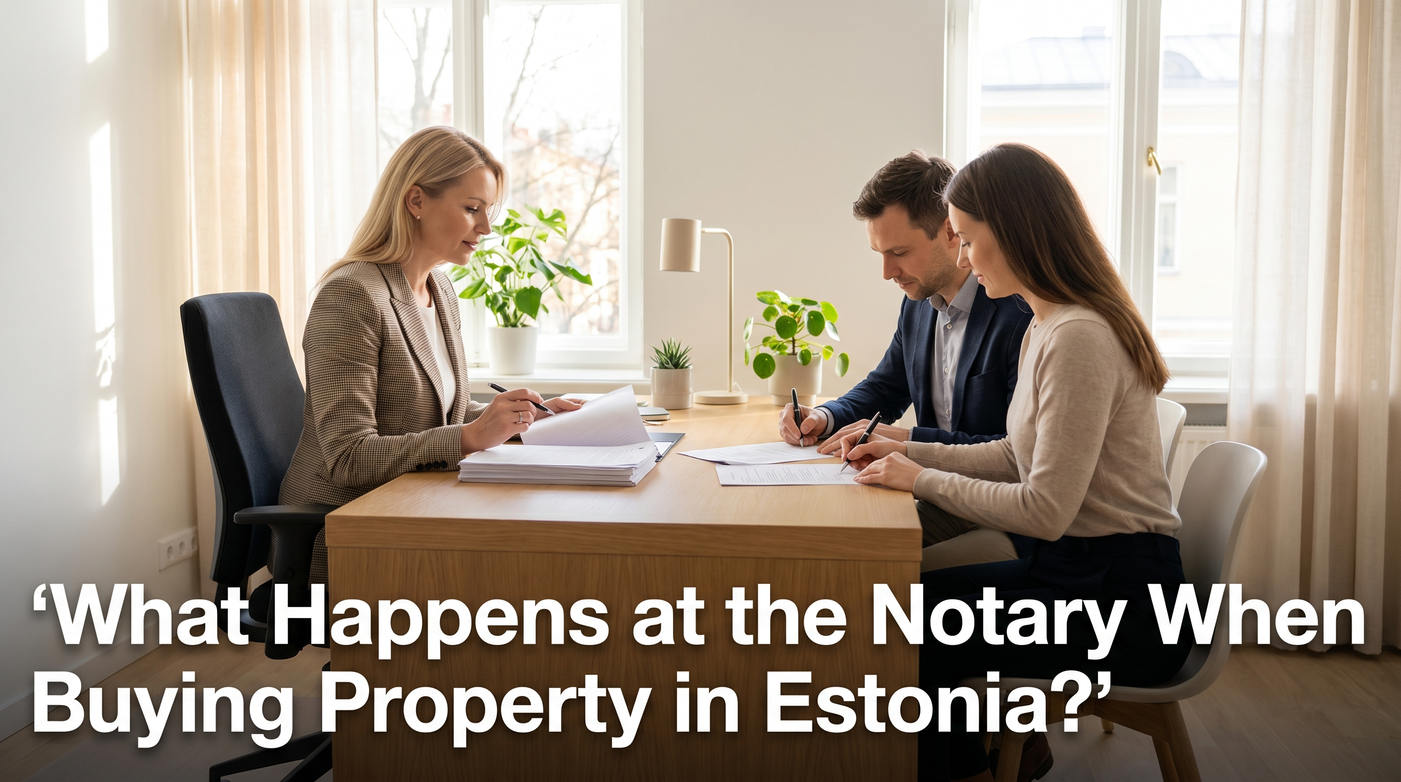 Professional Estonian notary at clean modern desk signing property transfer documents with buyer and seller