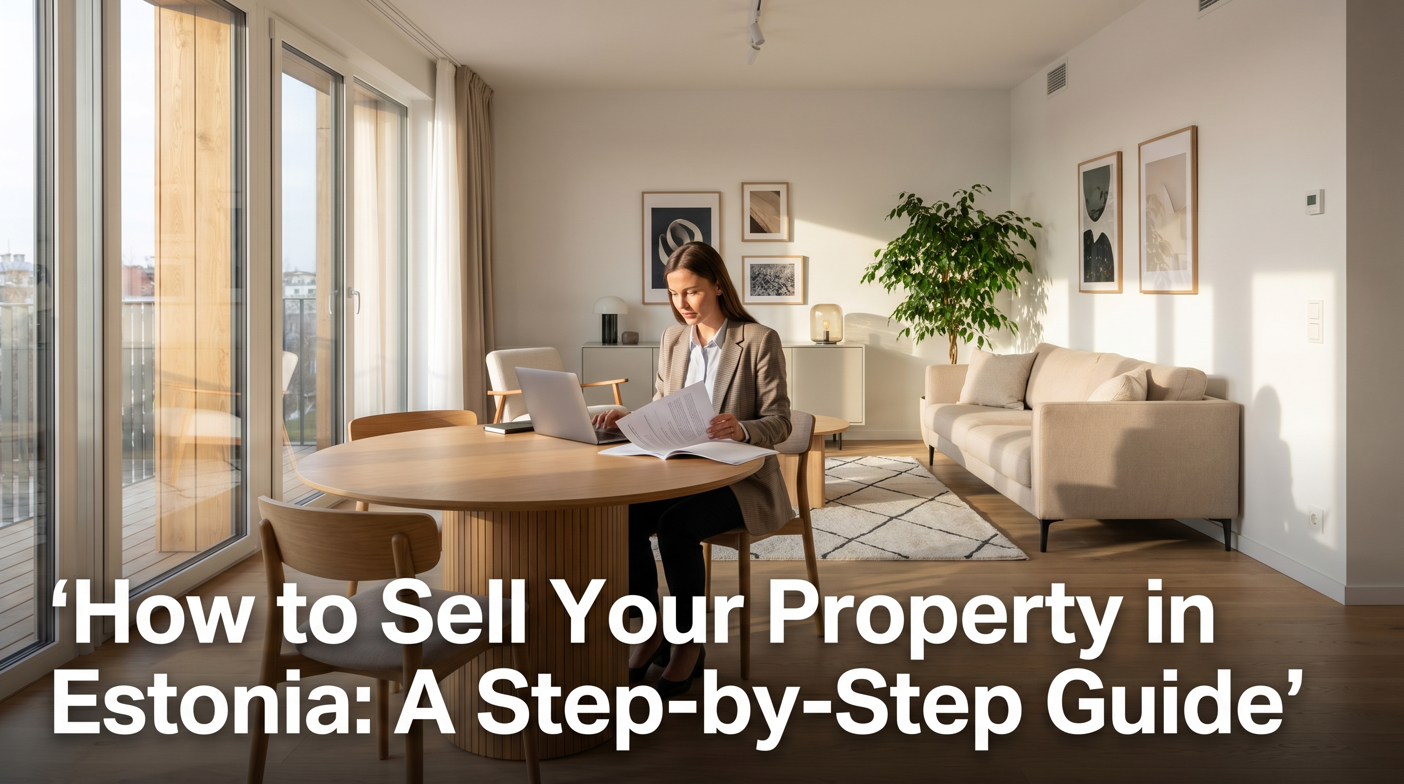 Professional estate agent reviewing property documents in a bright modern Tallinn apartment staged for sale