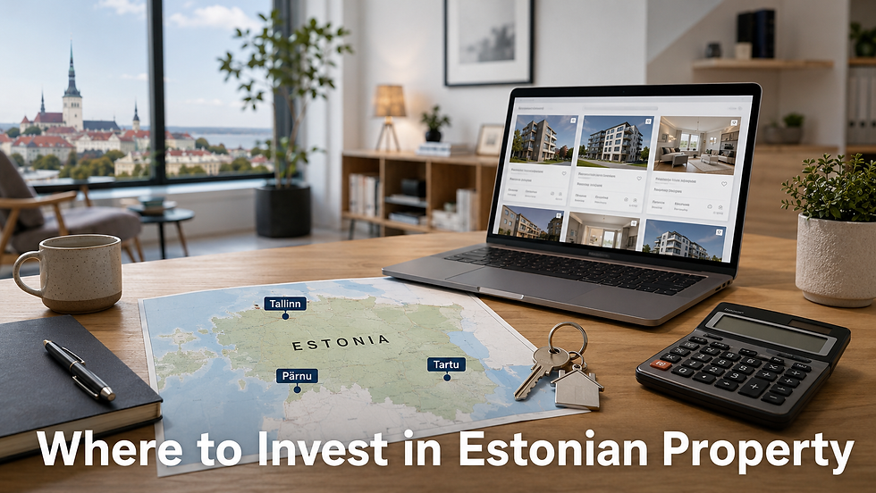 Investor comparing Tallinn Tartu and Pärnu on a map for Estonian property investment