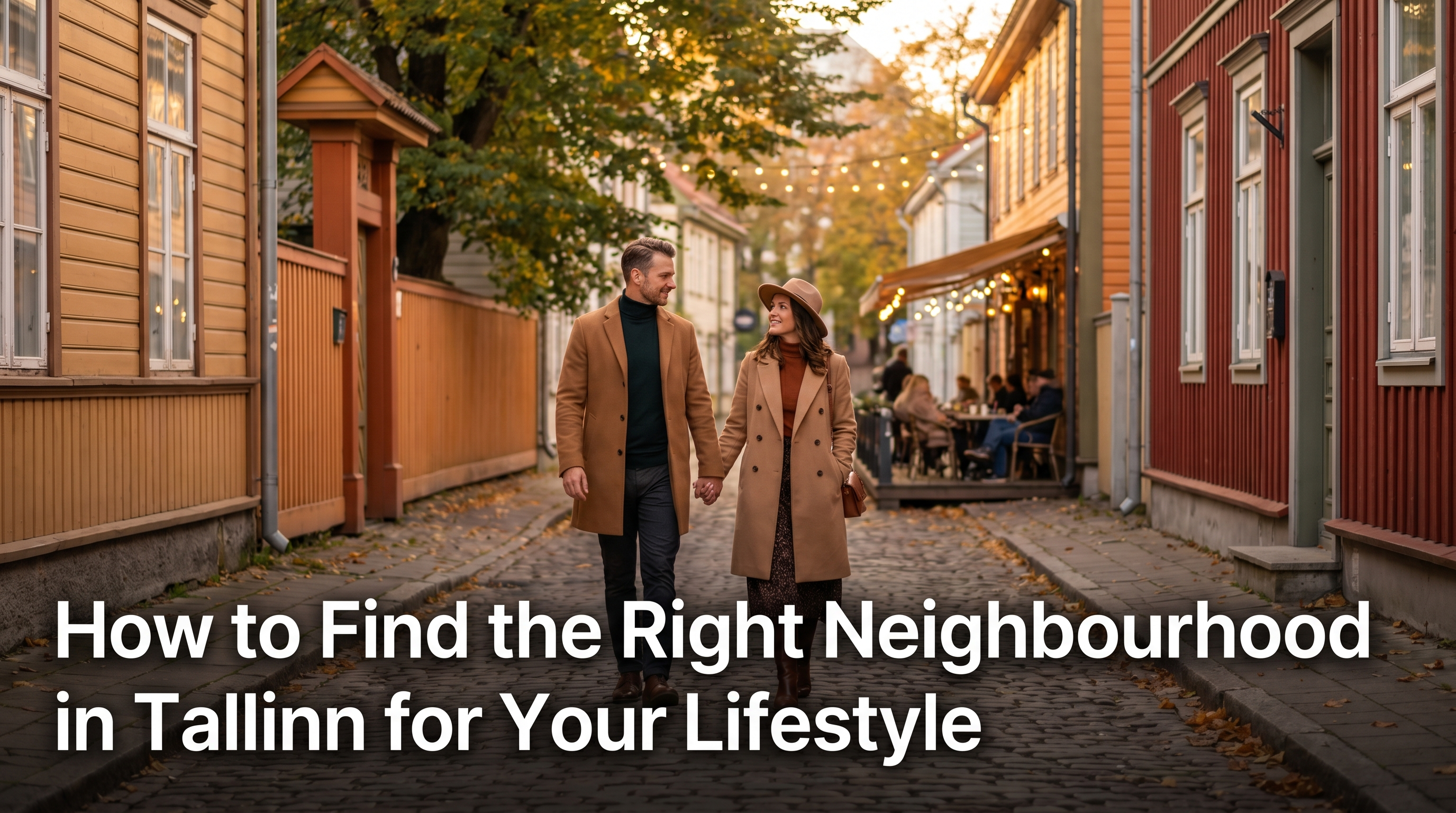 Couple walking through charming tree-lined Tallinn neighbourhood street with colourful wooden houses and cafe terrace