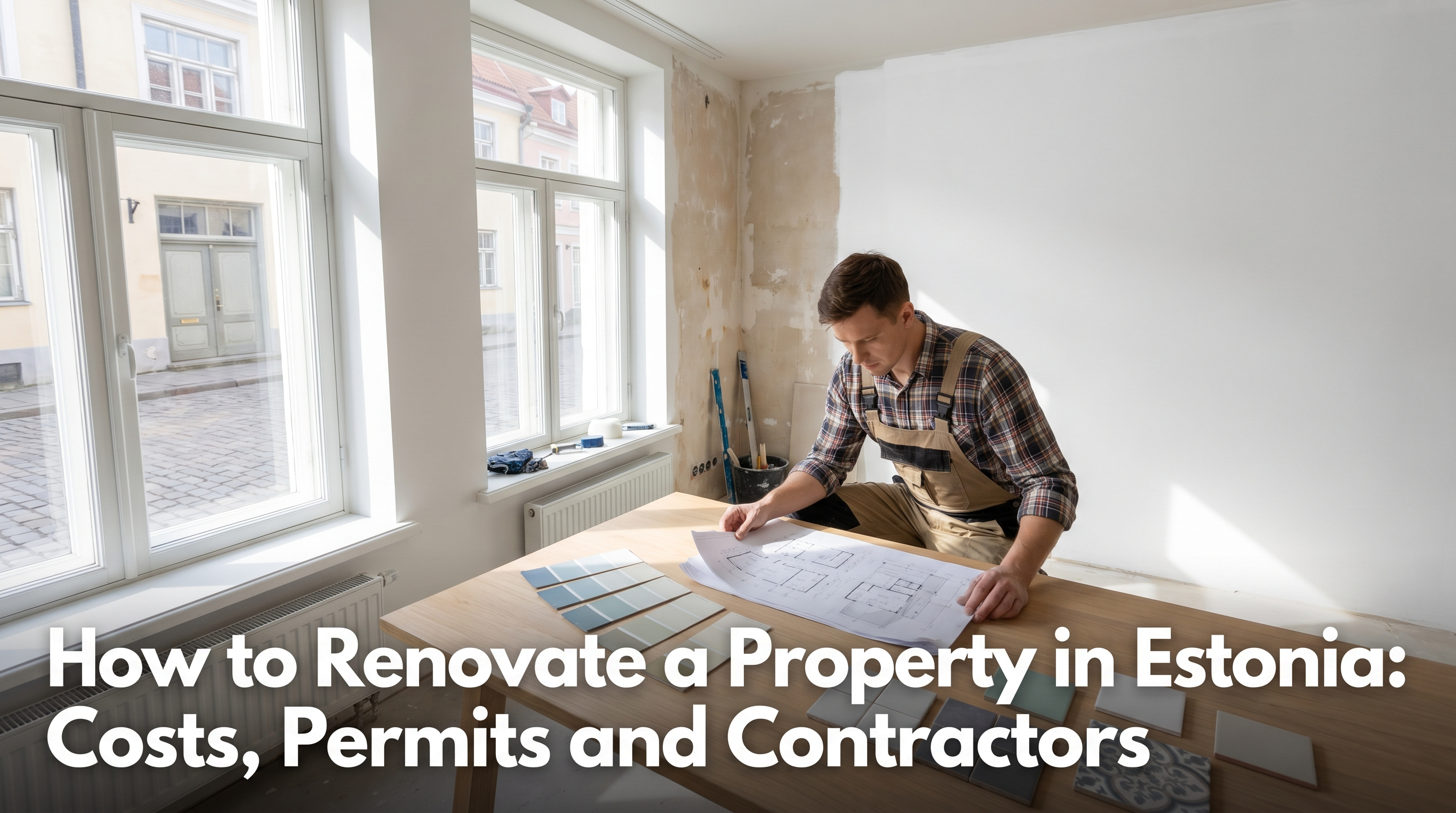 Estonian apartment mid-renovation with contractor reviewing blueprints and paint swatches in Nordic daylight