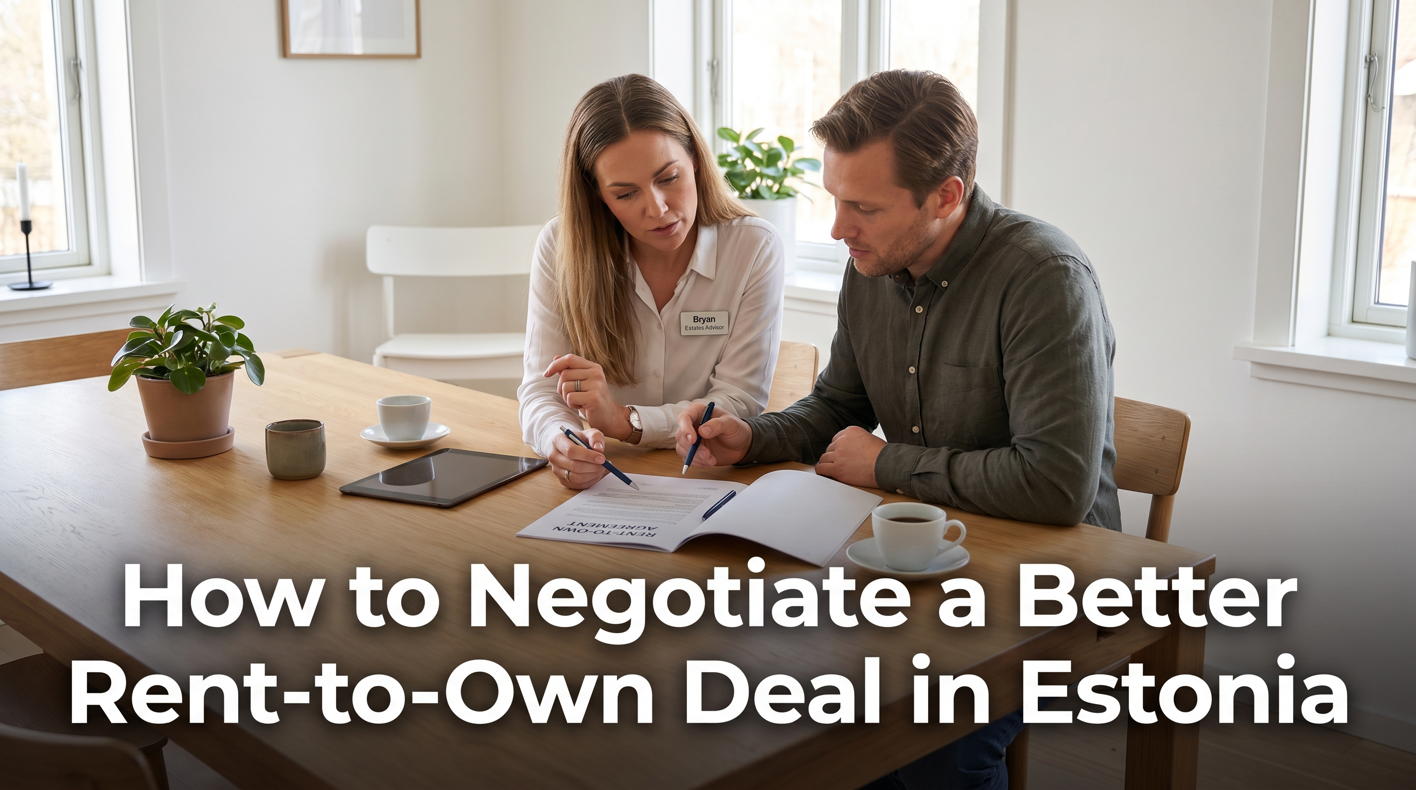Buyer and Bryan Estates advisor reviewing rent-to-own contract together at Scandinavian table in warm Nordic daylight