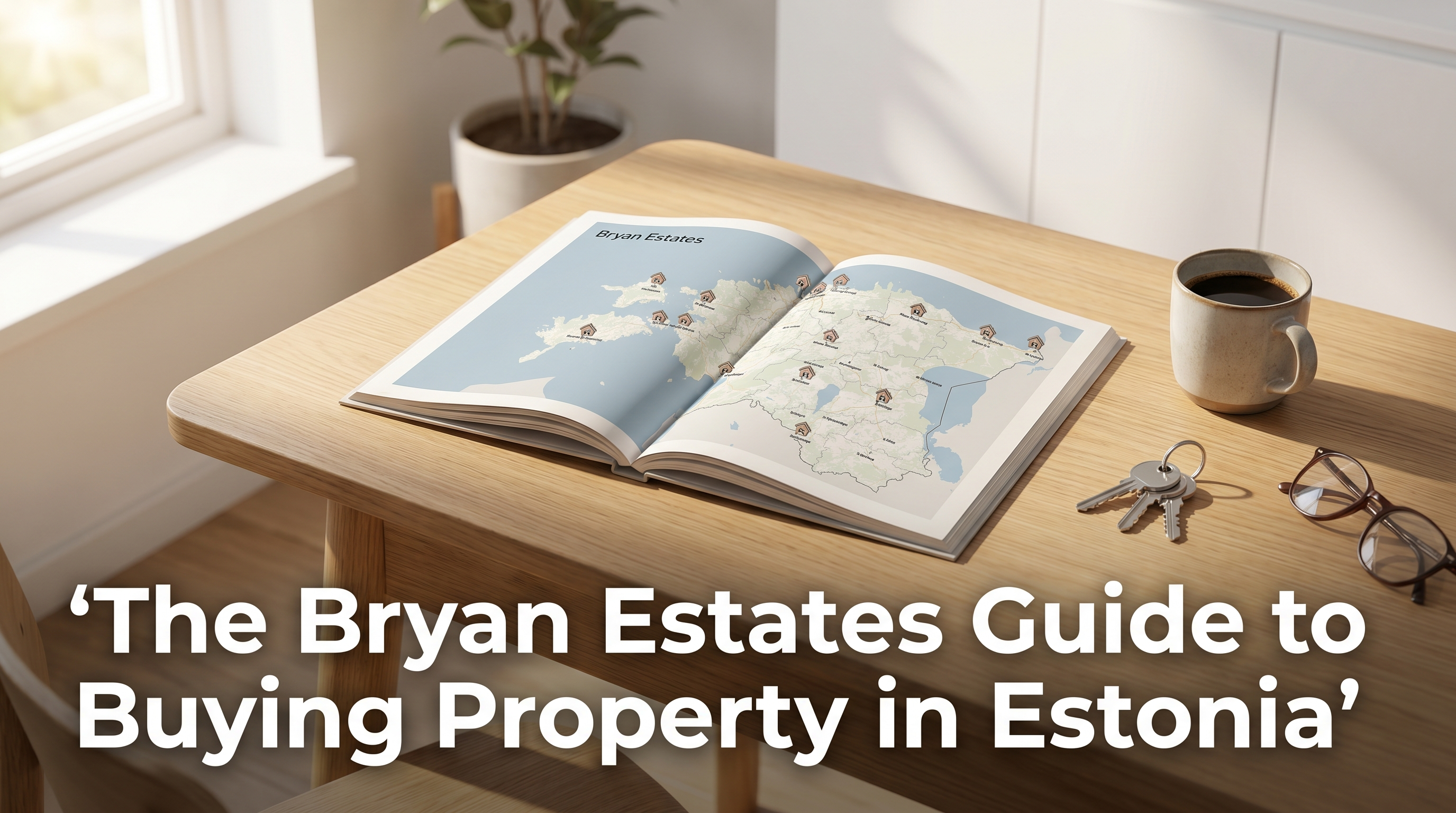 Bryan Estates property guide open on Scandinavian desk showing map of Estonia with property pins and house keys