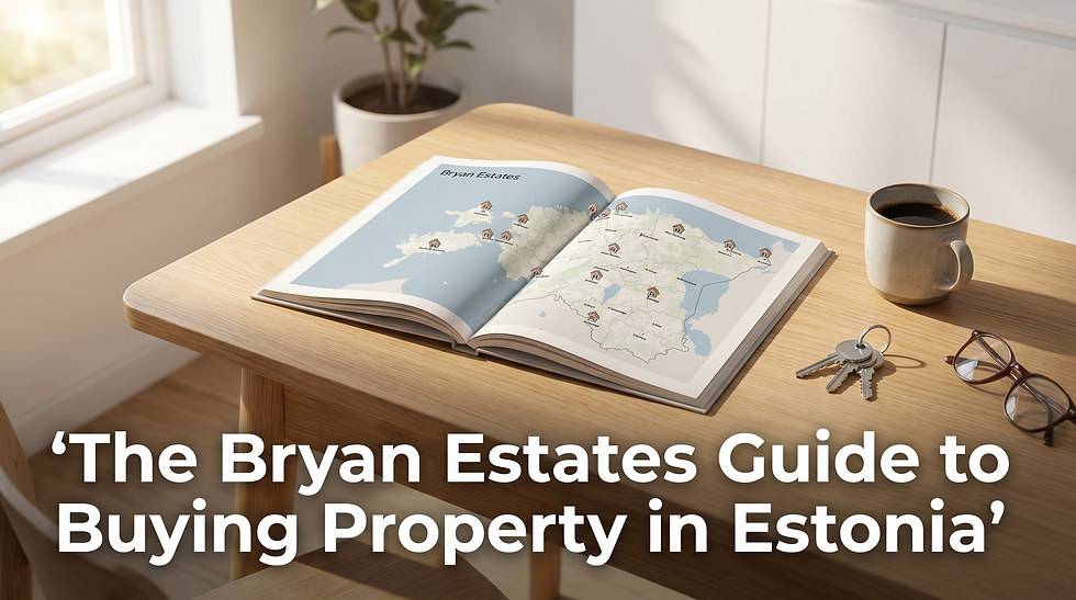 Bryan Estates property guide open on Scandinavian desk showing map of Estonia with property pins and house keys