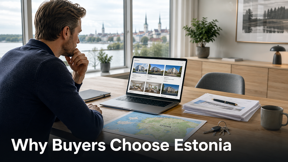 International buyer reviewing Estonian property listings with keys documents and a map of Estonia