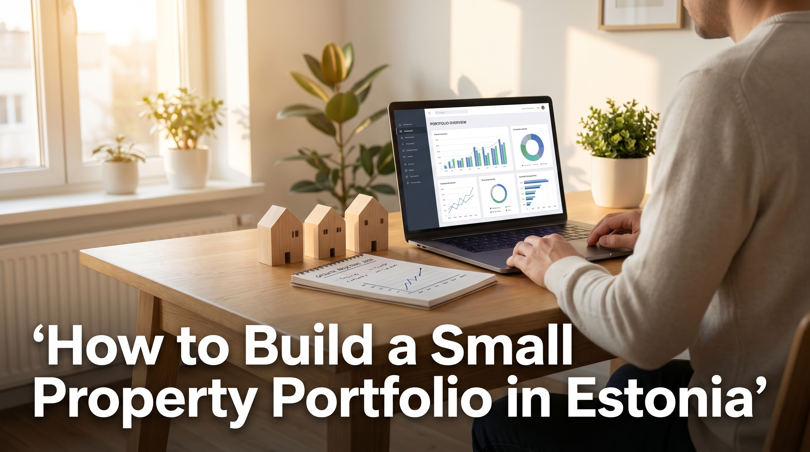 Property investor at a Scandinavian desk with three model houses and a laptop showing portfolio dashboard