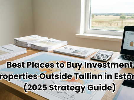 Map of Estonia highlighting investment regions outside Tallinn with property documents and calculator.