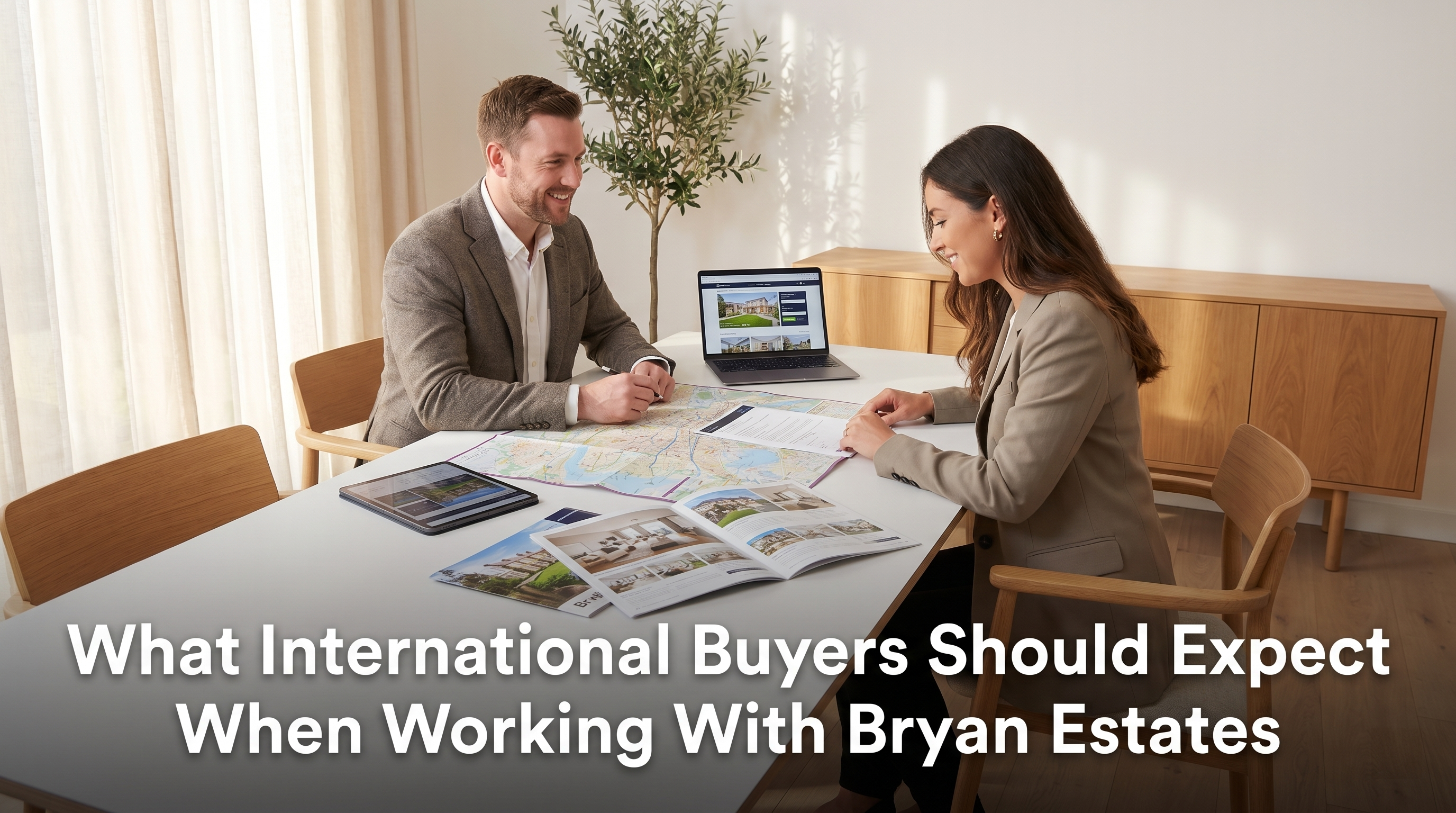 Bryan Estates consultant working one-on-one with international buyer at Scandinavian meeting table with maps and listings