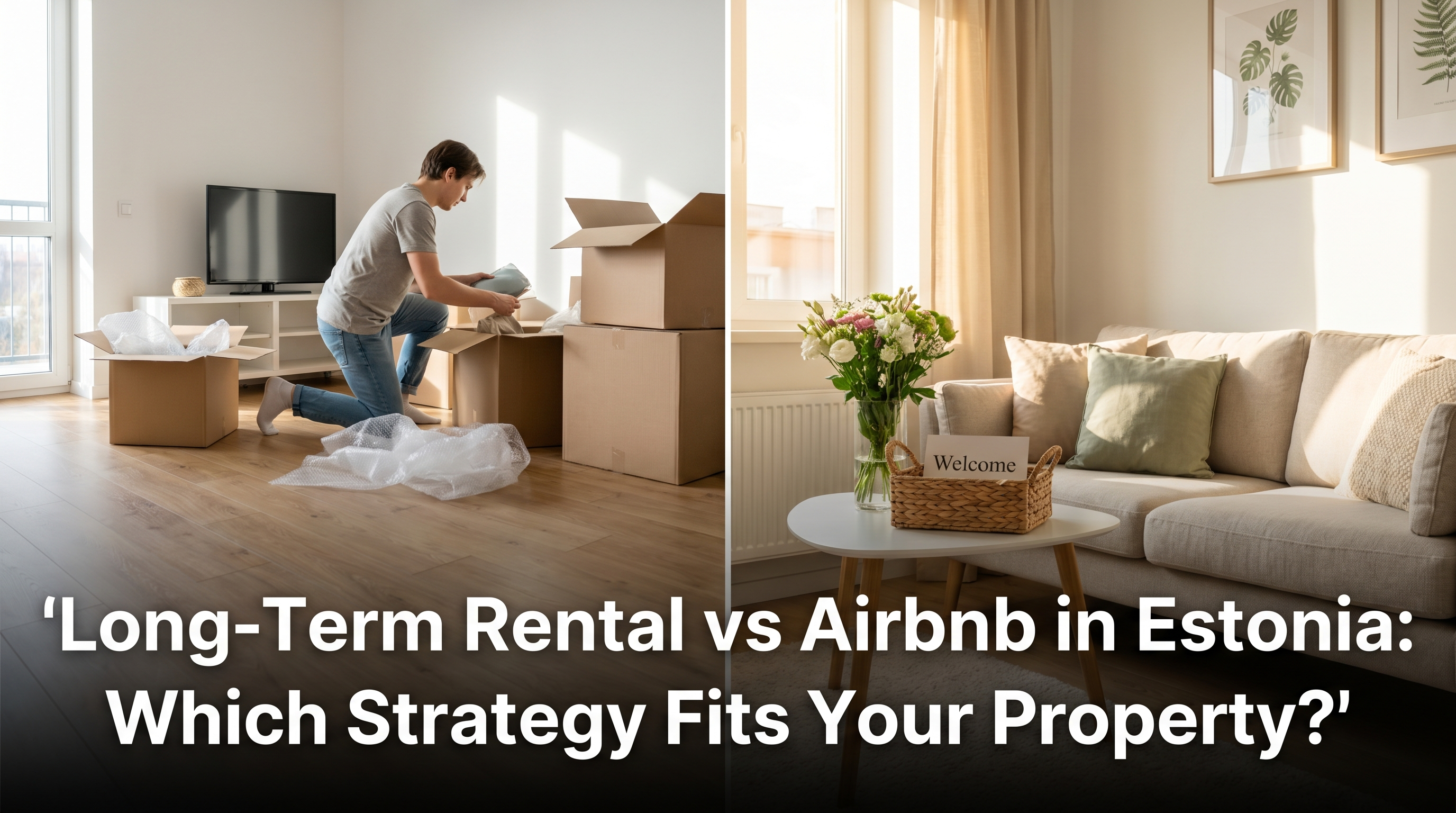 Estonian apartment interior shown as both a long-term rental and a styled Airbnb in warm Nordic light