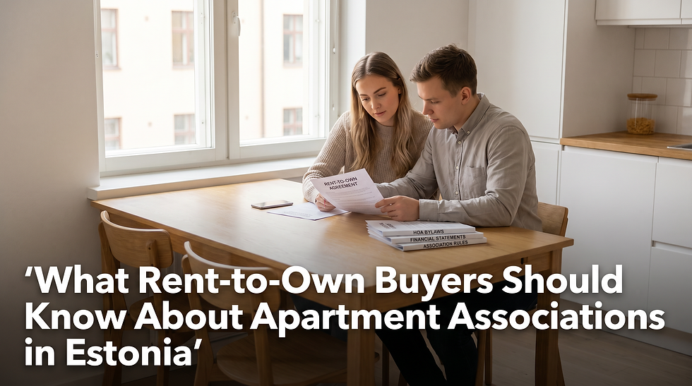Young couple reviewing rent-to-own contract with HOA financial documents on a Scandinavian kitchen table
