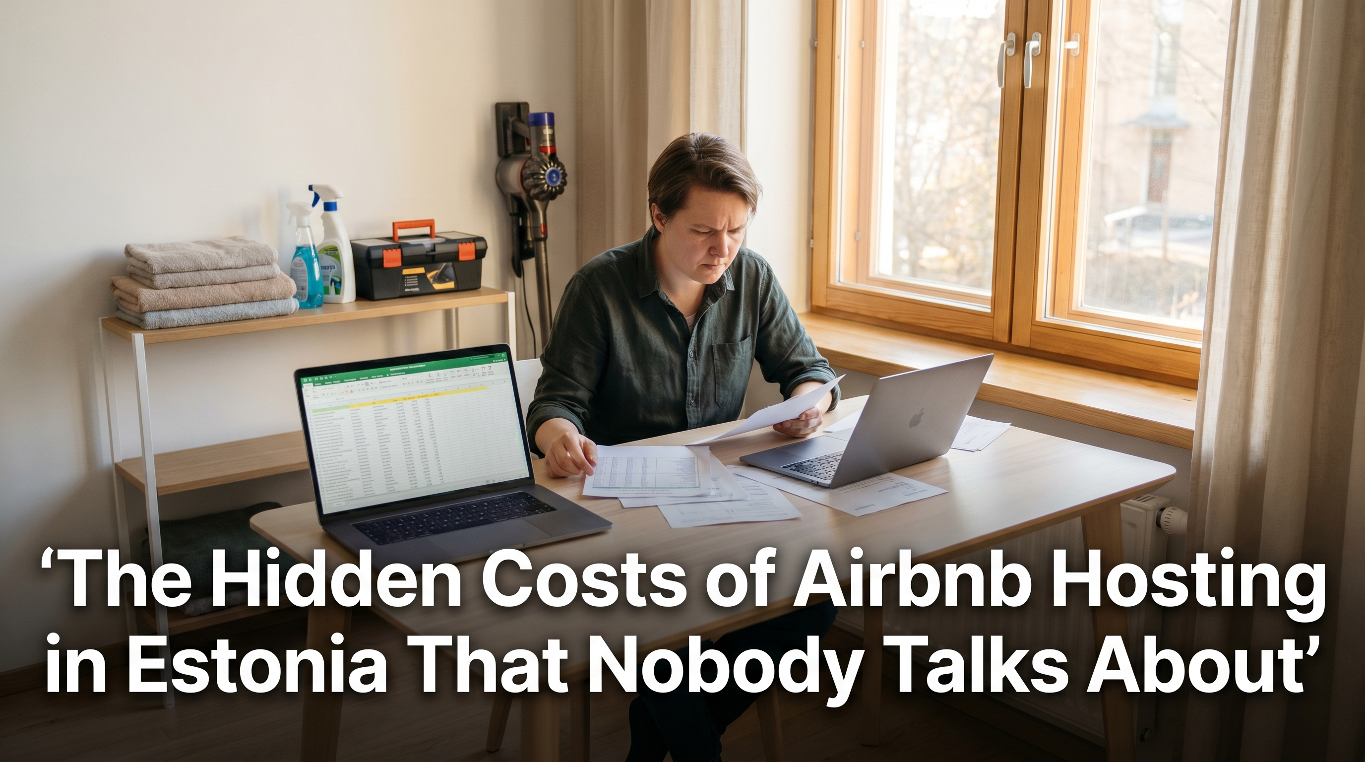 Airbnb host reviewing unexpectedly large expense spreadsheet at Scandinavian desk with cleaning supplies in background