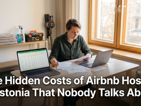 Airbnb host reviewing unexpectedly large expense spreadsheet at Scandinavian desk with cleaning supplies in background