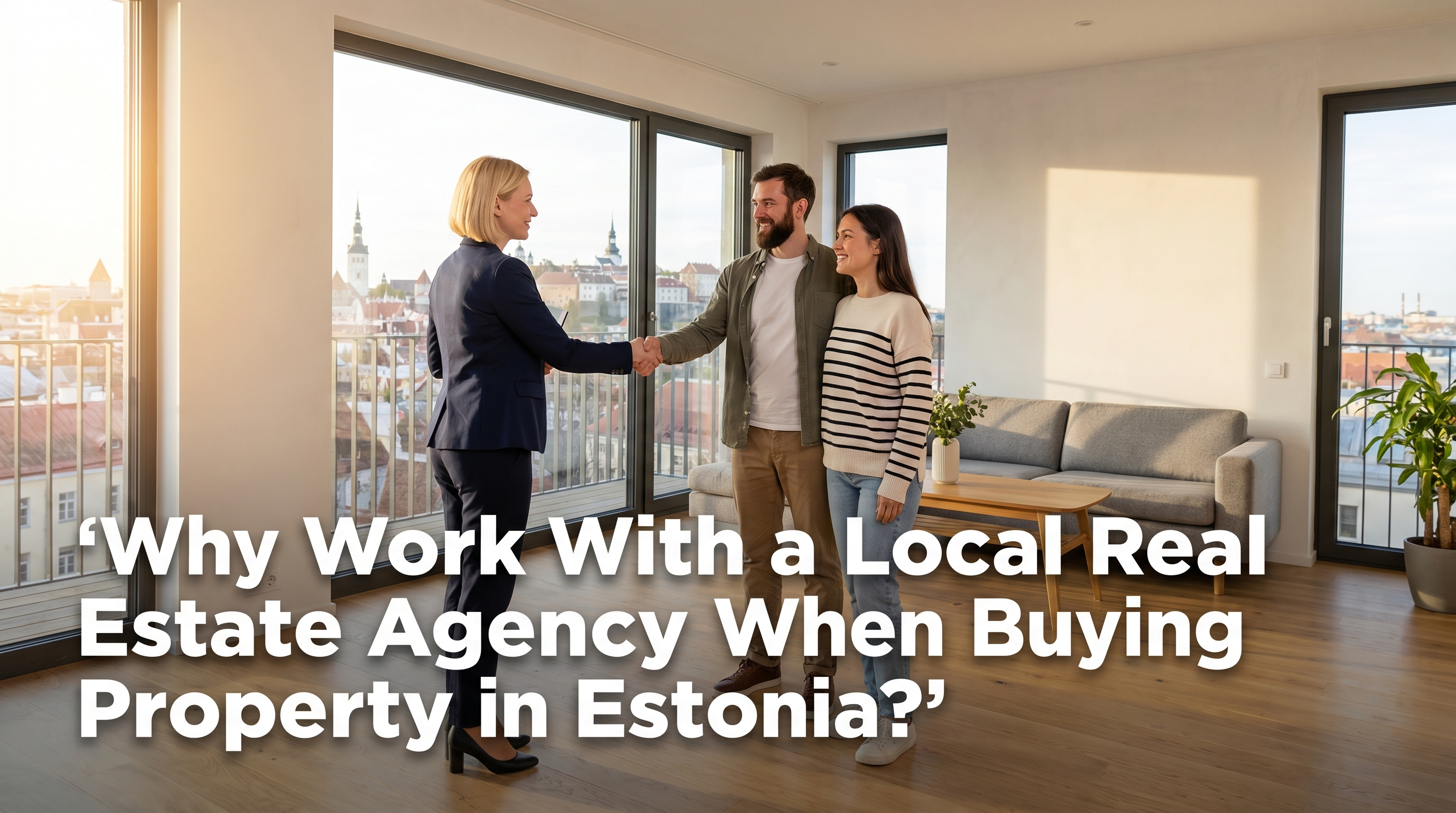 Estonian real estate agent shaking hands with international couple in a bright modern Tallinn apartment