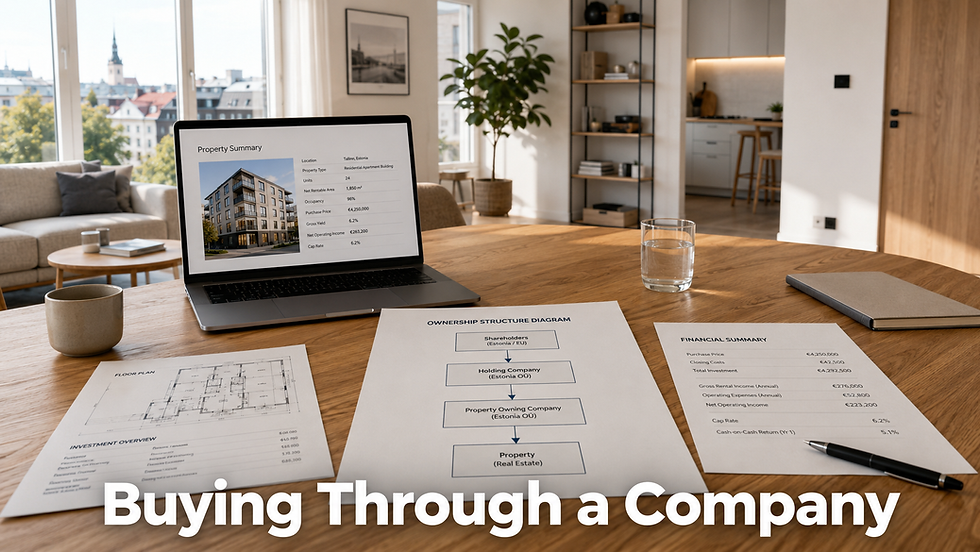 Investor reviewing company ownership documents for an Estonian property purchase