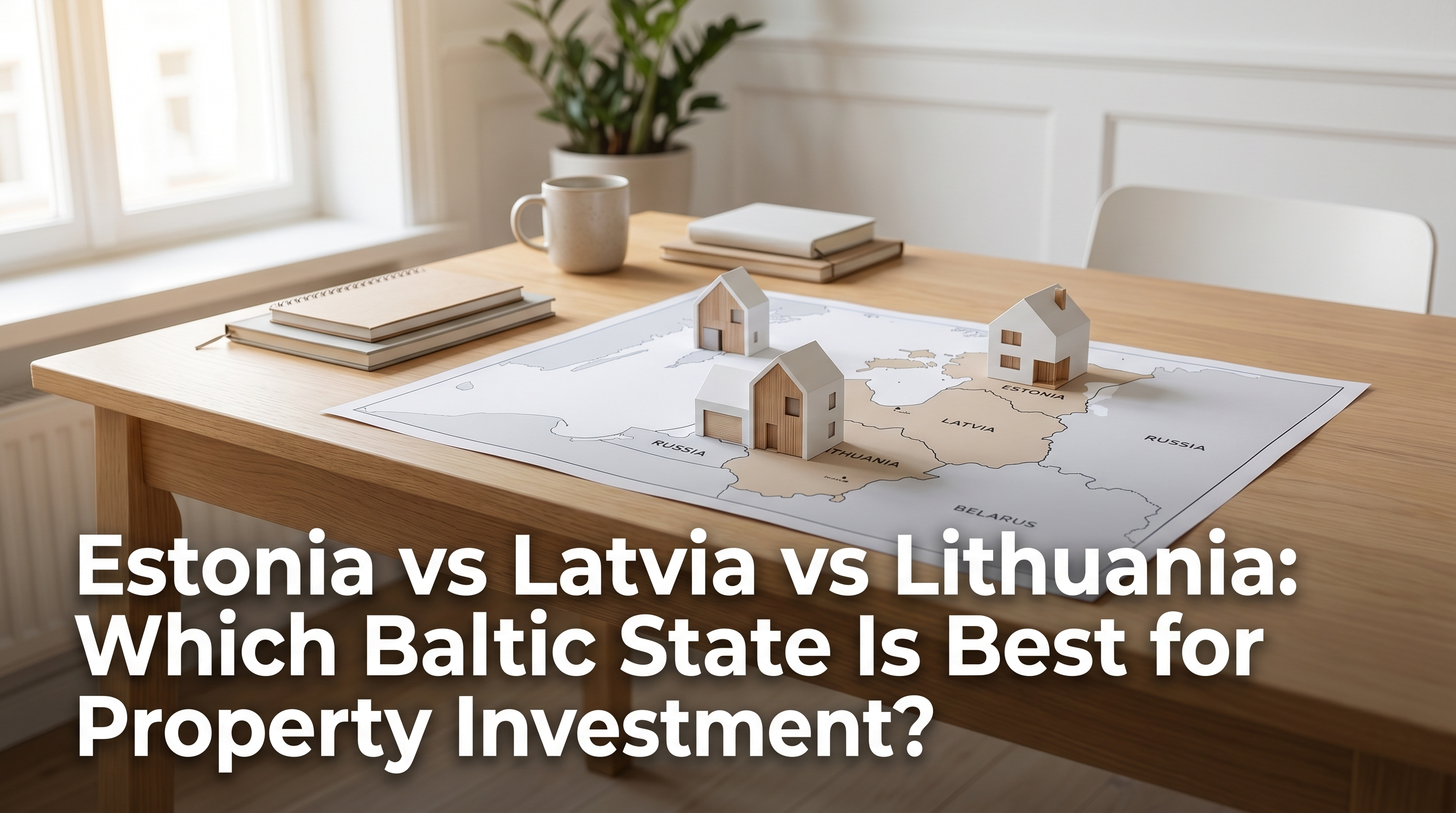 Map of Baltic states on oak desk with model houses representing Estonia Latvia and Lithuania property markets