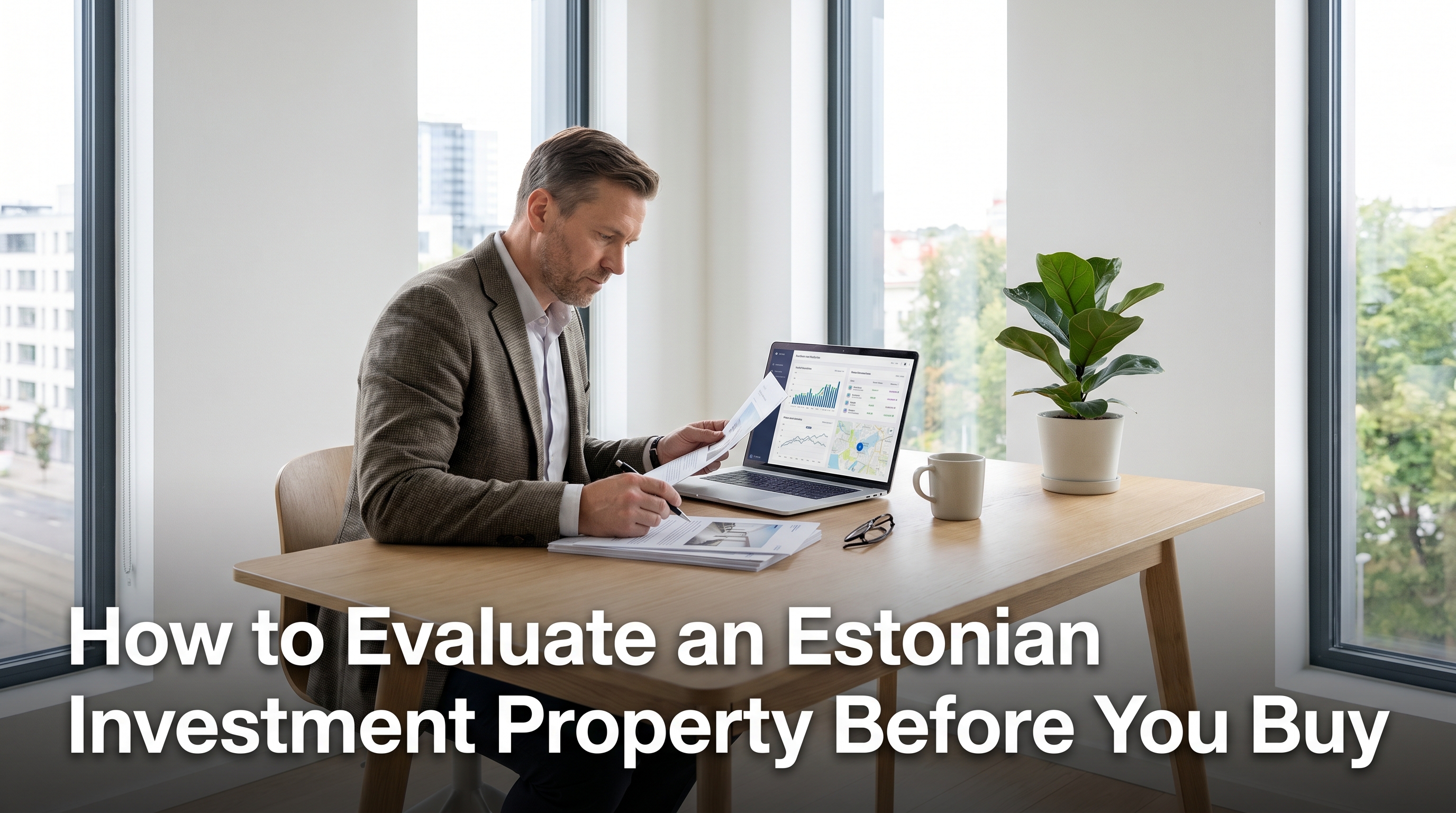 Professional investor reviewing property documents and analytics on a laptop at a Scandinavian desk