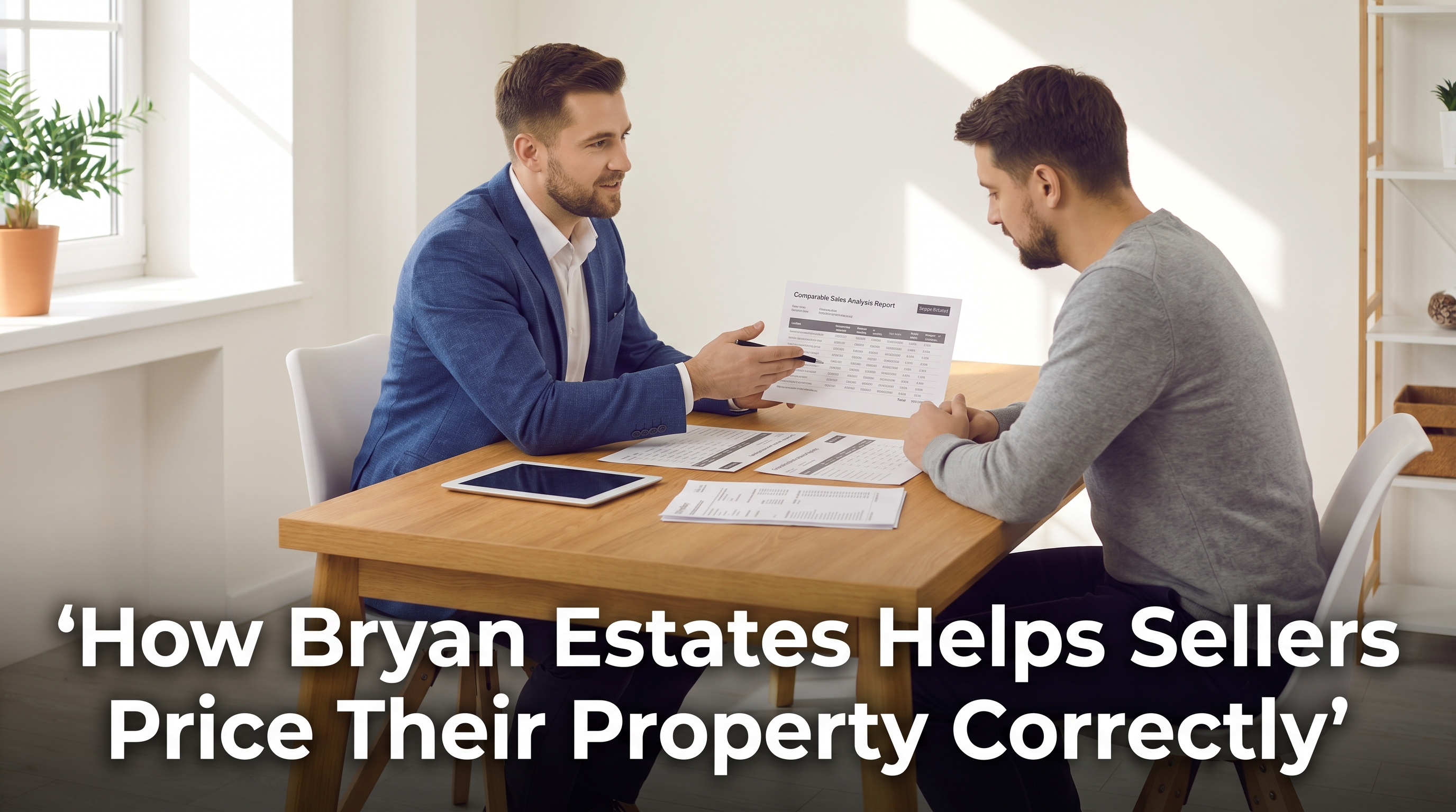 Bryan Estates agent presenting comparable sales analysis report to property seller at Scandinavian table with land registry data