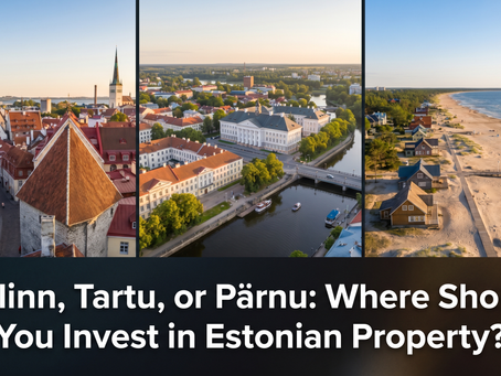 Aerial triptych of Tallinn old town rooftops Tartu university buildings and Parnu beach at golden hour
