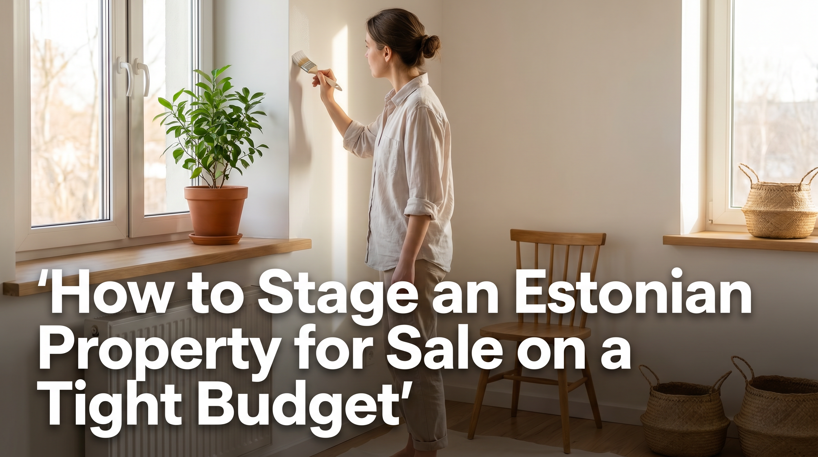 Seller staging bright Estonian apartment on tight budget with fresh white paint plant and clean decluttered Scandinavian space