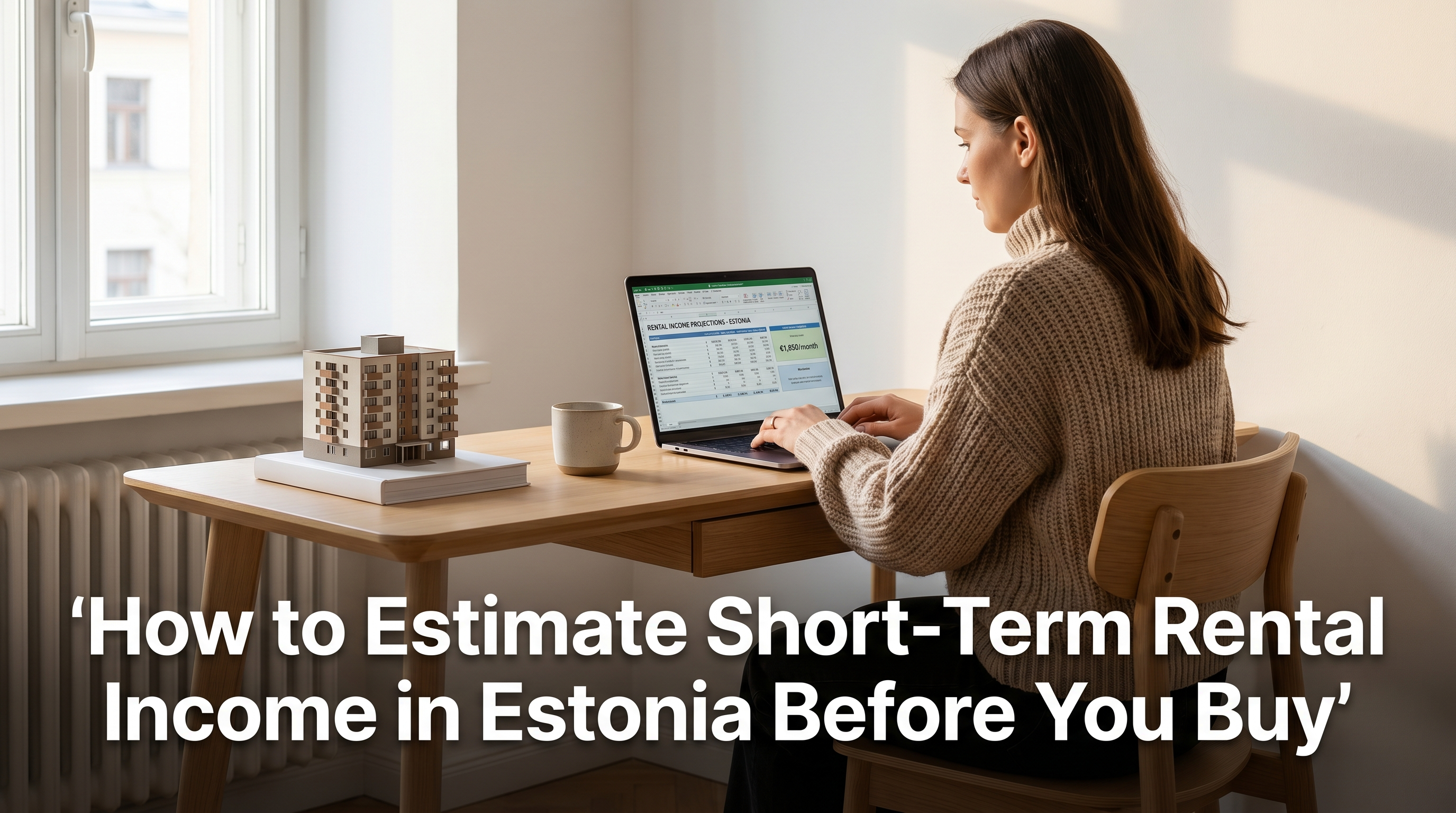 Property investor reviewing rental income projection spreadsheet at Scandinavian desk with model apartment and Nordic daylight