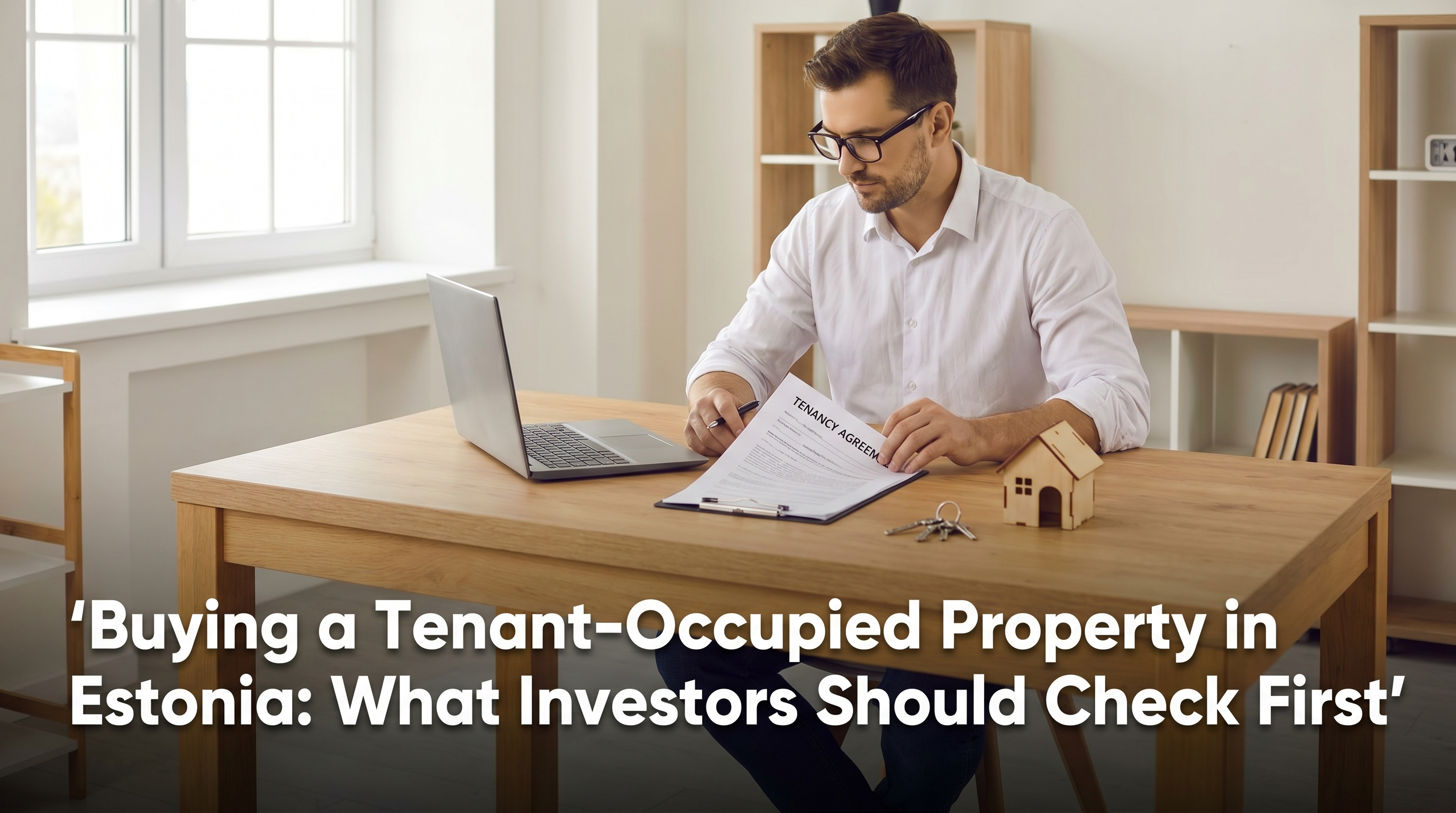 Investor reviewing tenancy agreement with house keys and model house on a Scandinavian desk