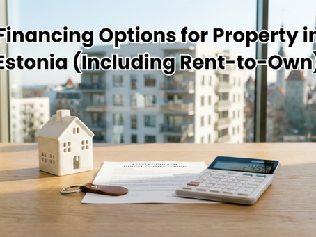 Estonia property financing options with house model, contract, and keys, representing mortgages and rent-to-own with Bryan Estates.