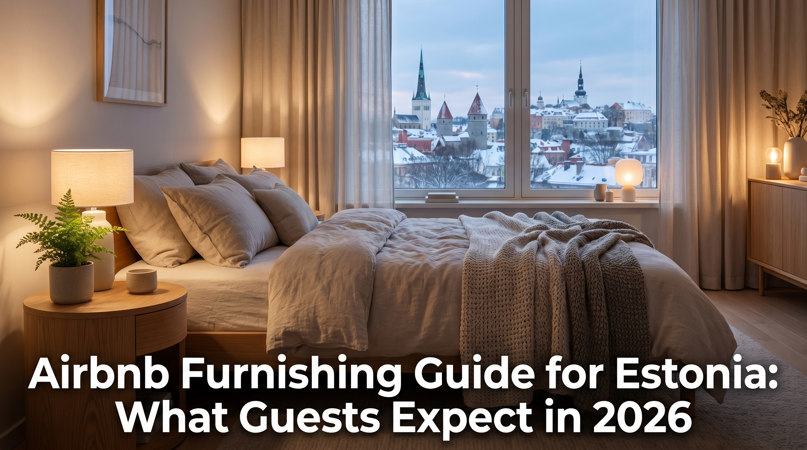 Beautifully furnished modern Estonian Airbnb bedroom with Scandinavian decor and warm ambient lighting