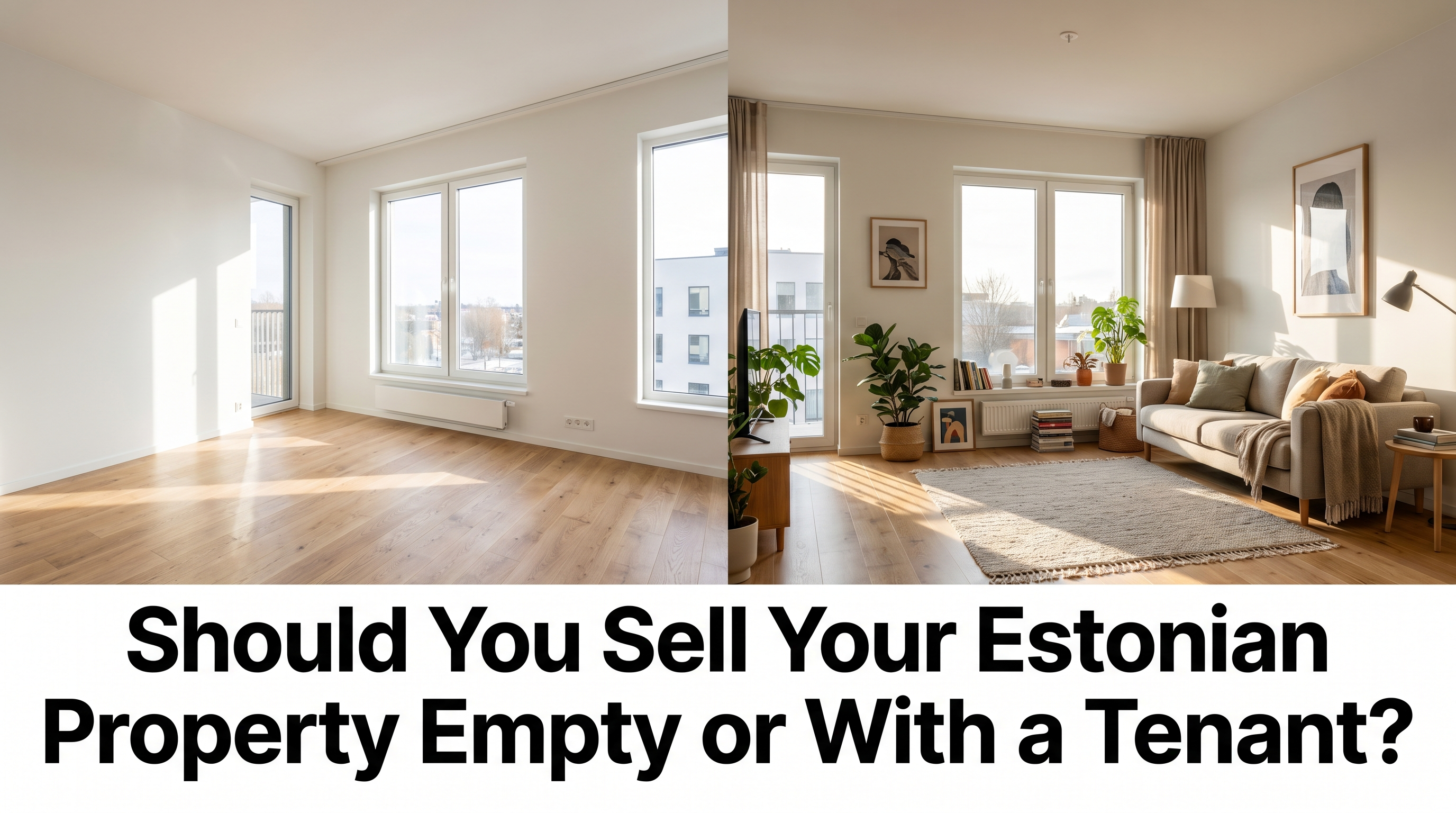 Modern Estonian apartment shown empty and staged on one side and tenanted with personal belongings on the other
