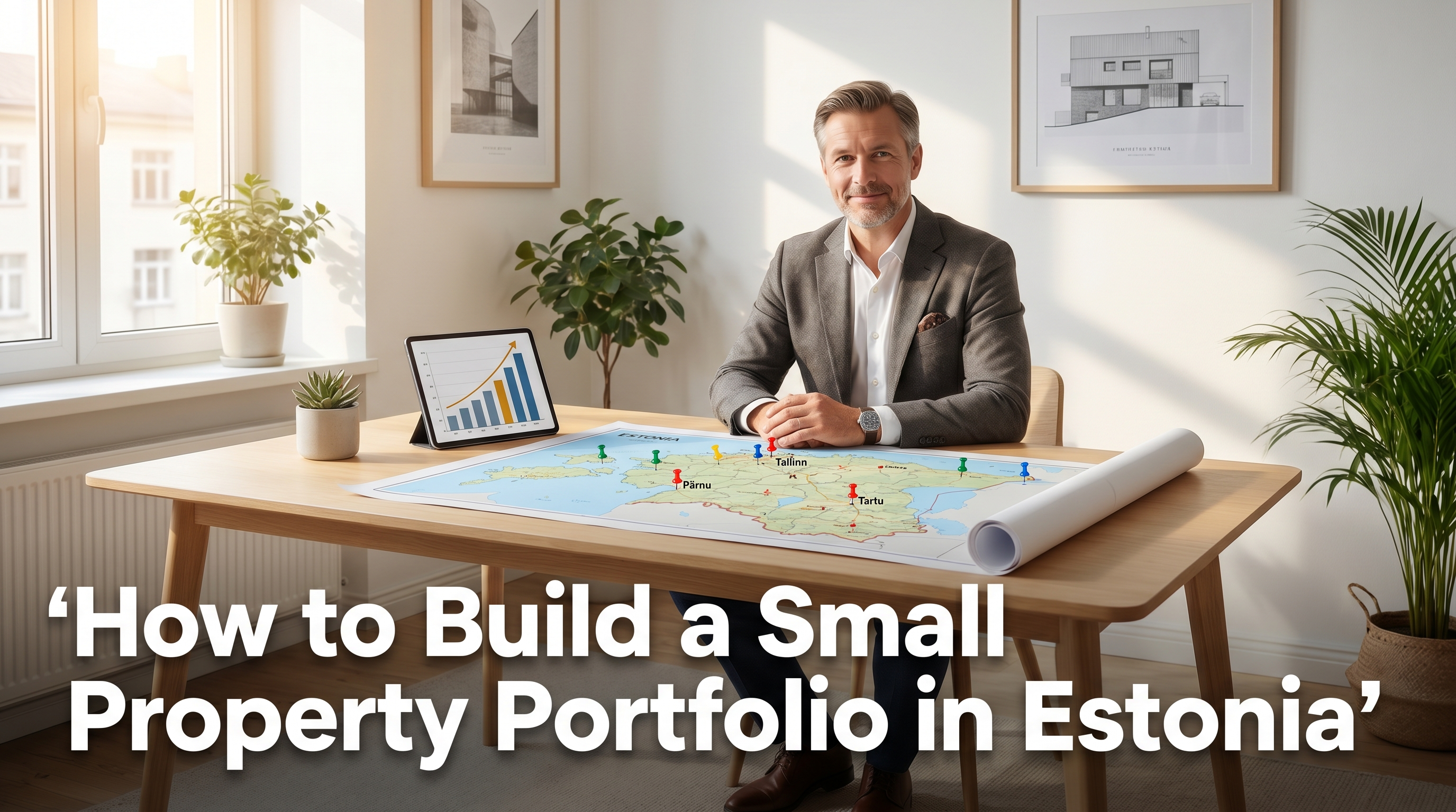 Confident property investor with portfolio map showing Estonian property pins across Tallinn Tartu and Parnu with growth chart