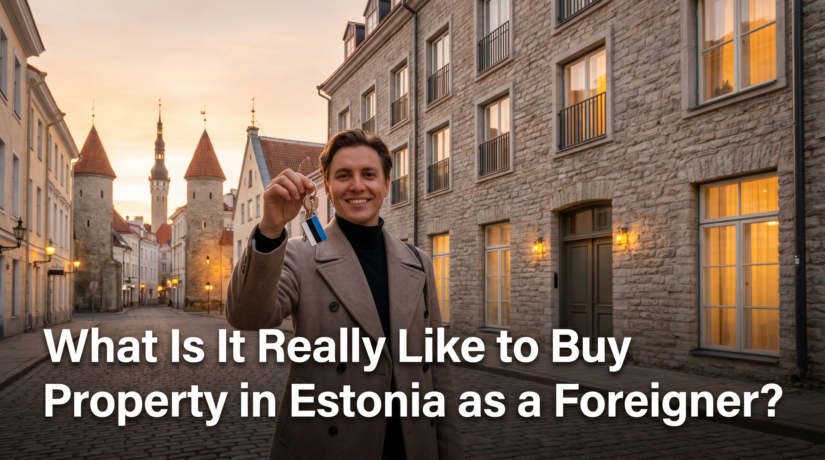 Happy international buyer holding house keys outside a beautiful Estonian apartment building in Tallinn at golden hour