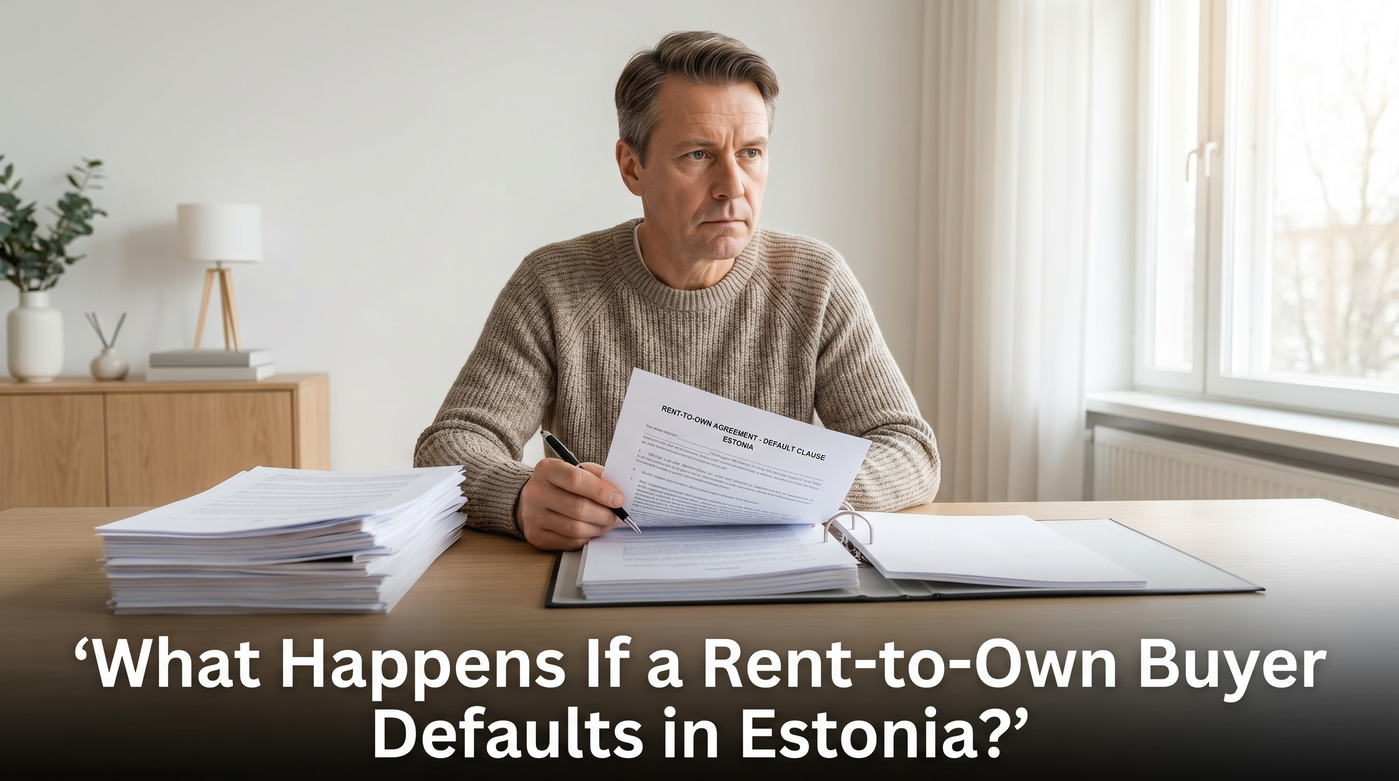 Legal document showing rent-to-own default clause on Scandinavian desk with property owner reviewing it calmly