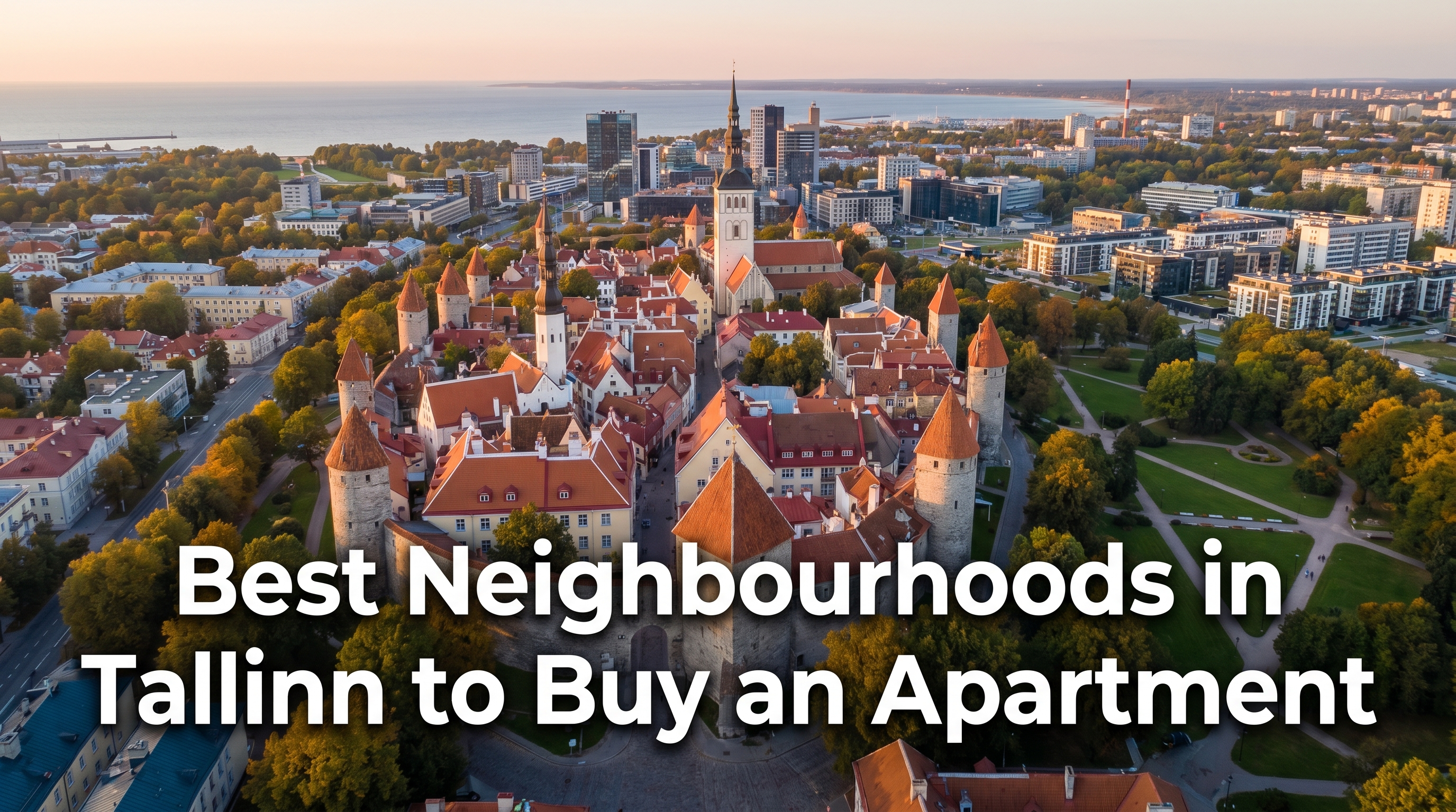 Aerial view of Tallinn Estonia cityscape at golden hour showing old town rooftops and modern apartment buildings