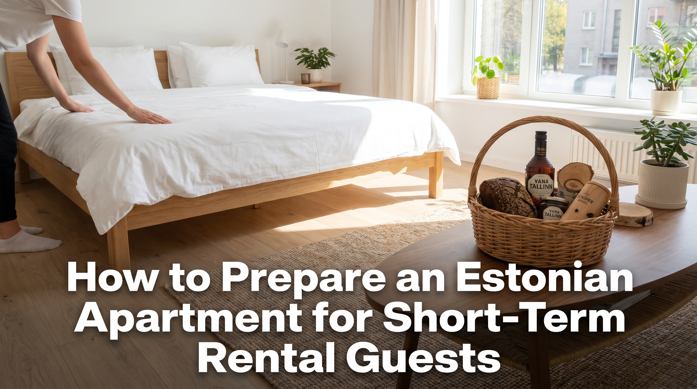Estonian apartment being prepared for short-term rental with fresh white linen and welcome basket in Nordic daylight