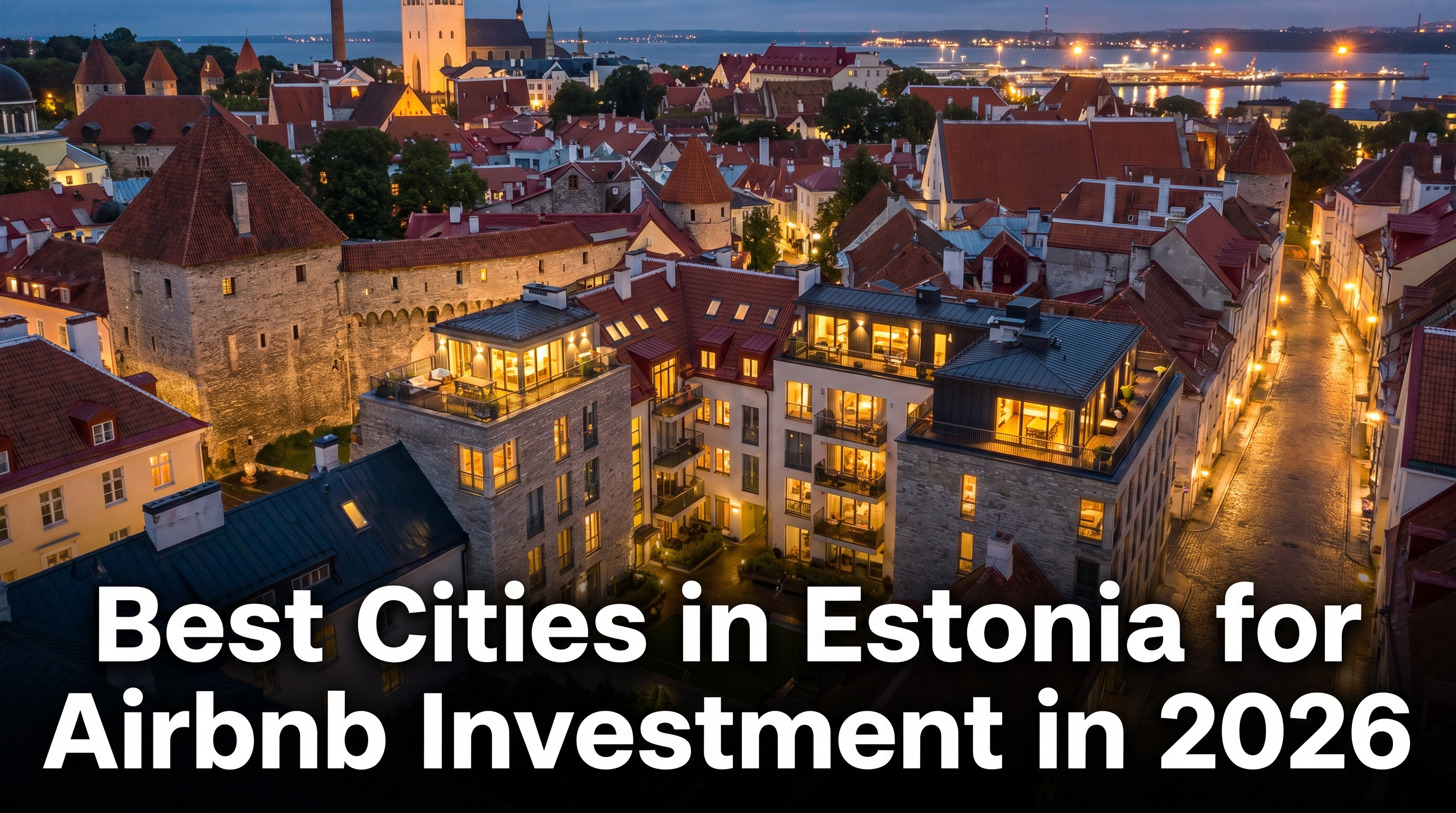 Aerial view of Tallinn old town at dusk with warm lights glowing in apartment windows and Airbnb rental properties