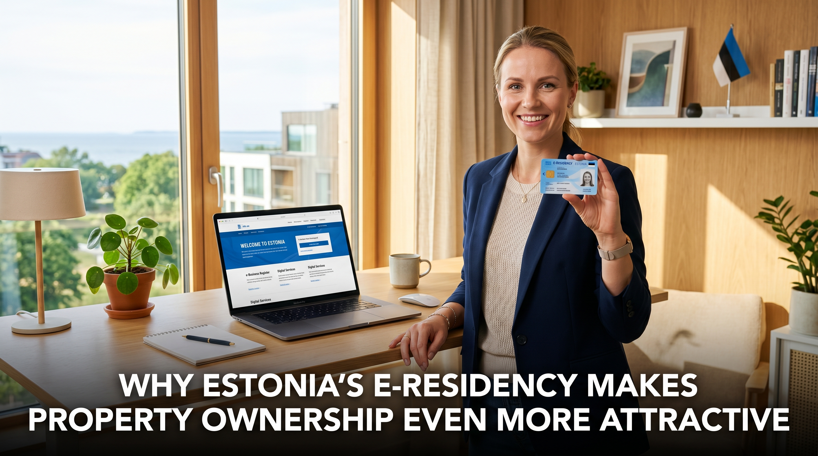 Digital entrepreneur holding Estonian e-Residency digital ID card in front of laptop with Estonian digital government portal