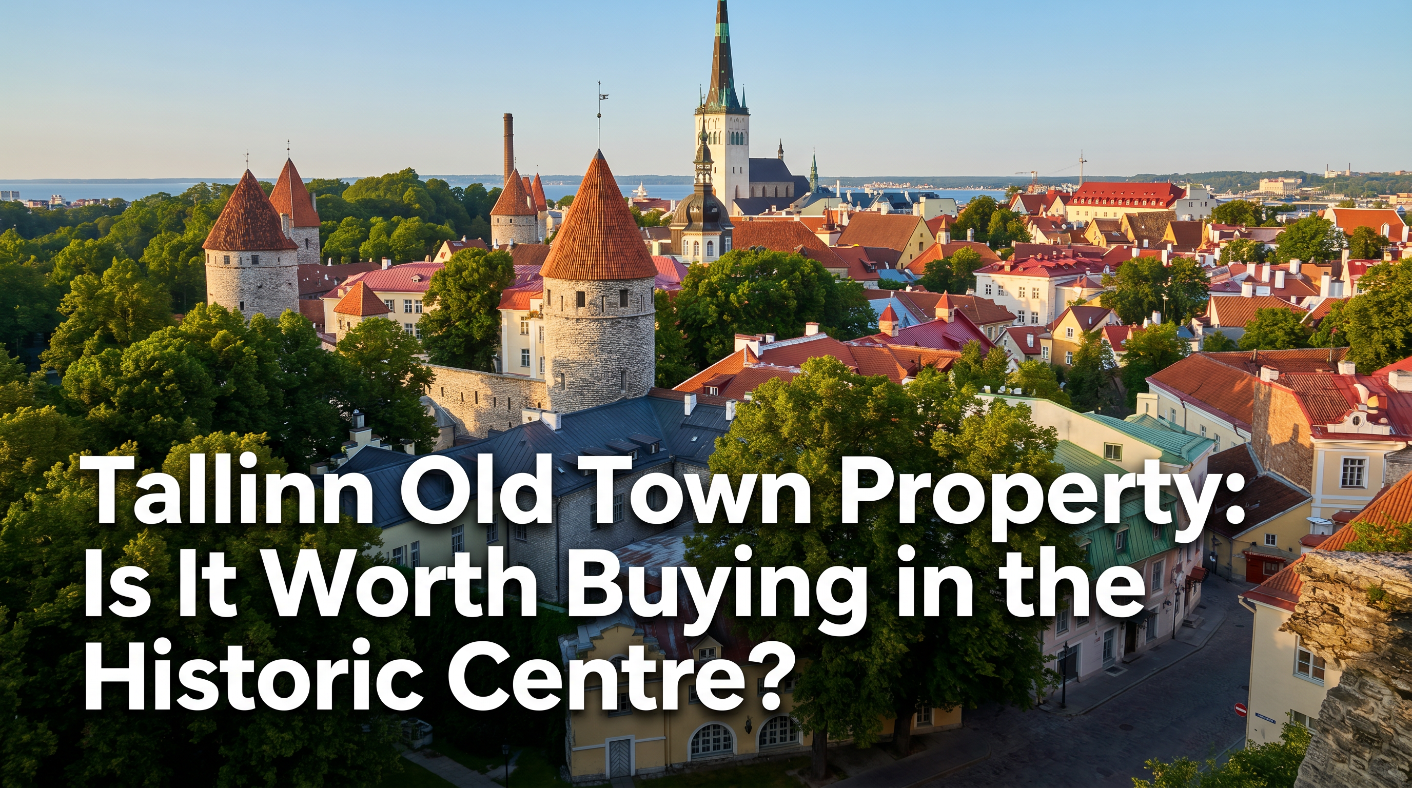 Aerial view of Tallinn Old Town medieval rooftops and stone towers at golden hour