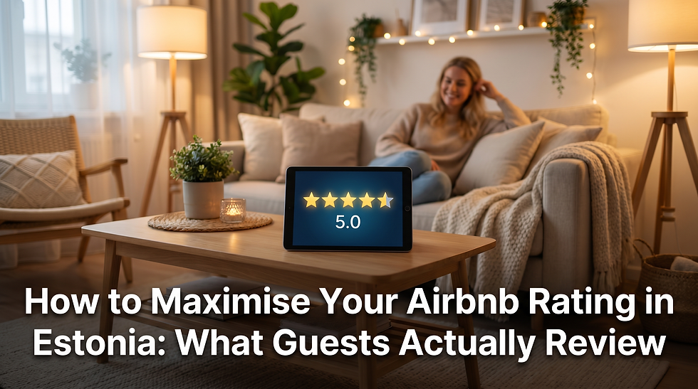 Beautifully presented Estonian Airbnb apartment with five-star review glowing on tablet screen and guest relaxing