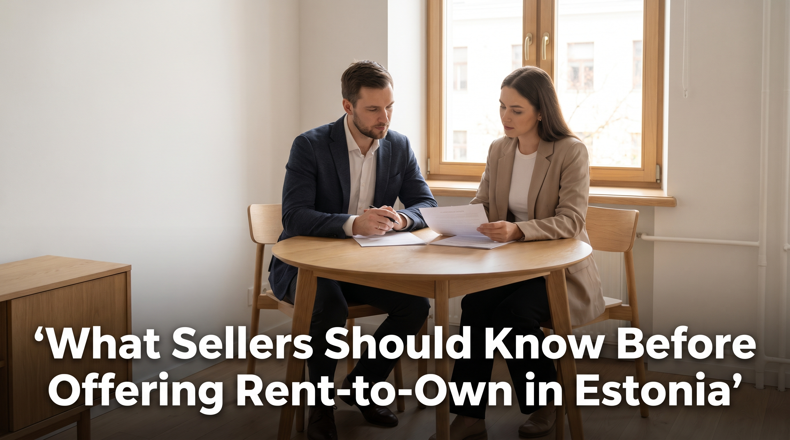 Property seller reviewing a rent-to-own contract with a professional advisor at a clean Scandinavian table