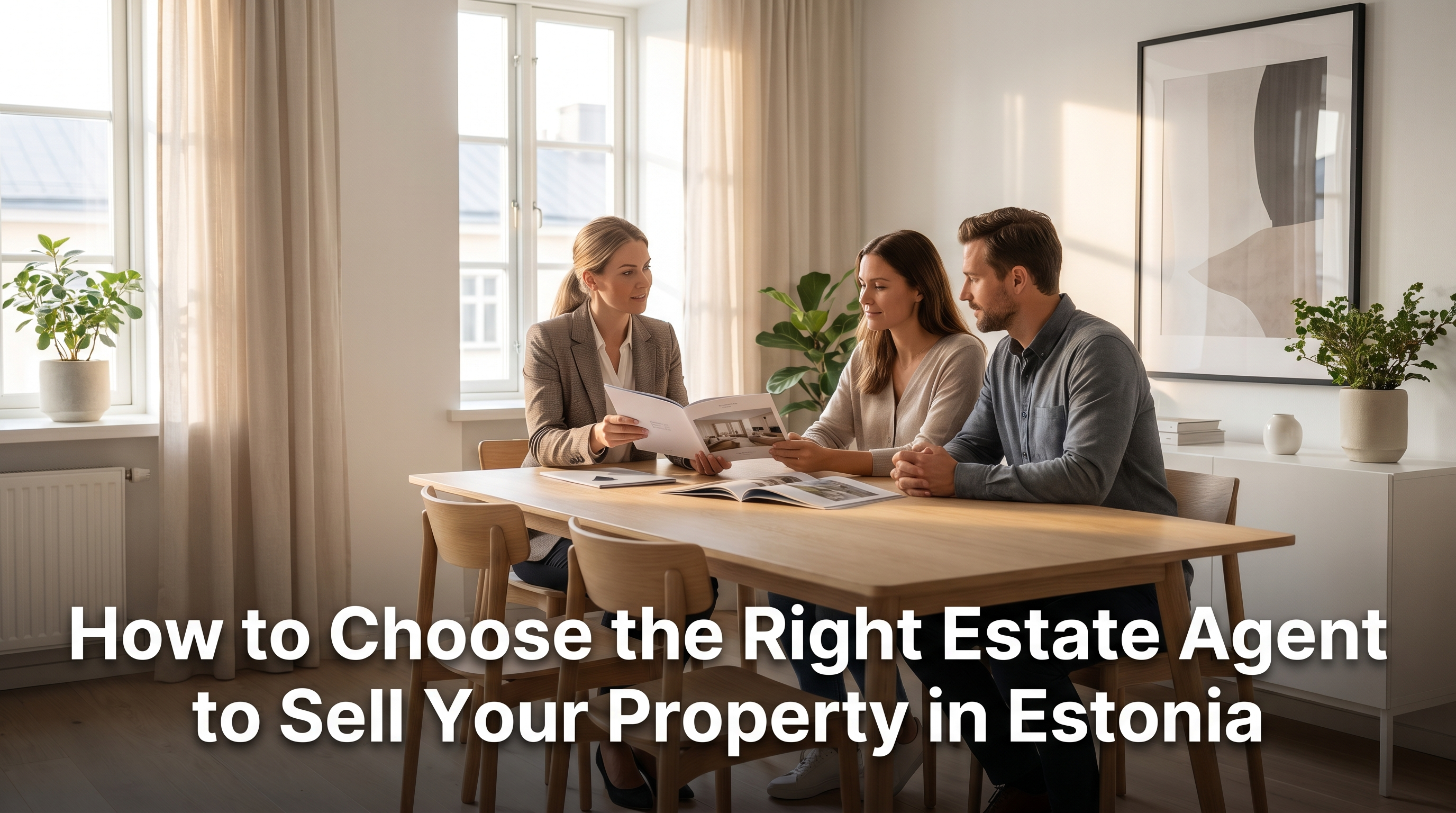 Professional estate agent presenting property brochures to a couple at a clean Scandinavian meeting table