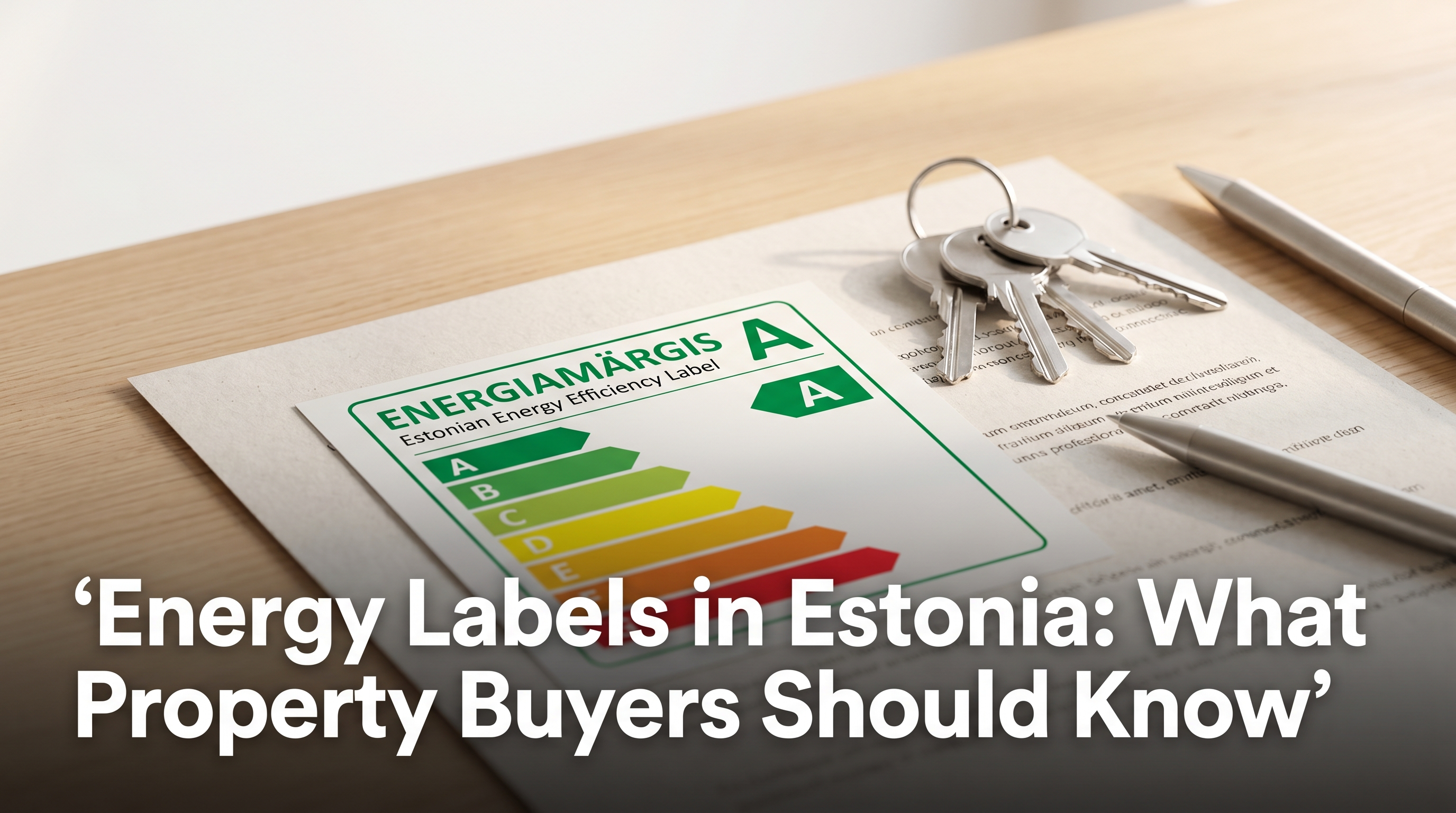 Estonian apartment energy efficiency certificate showing green A rating on a Scandinavian desk with house keys