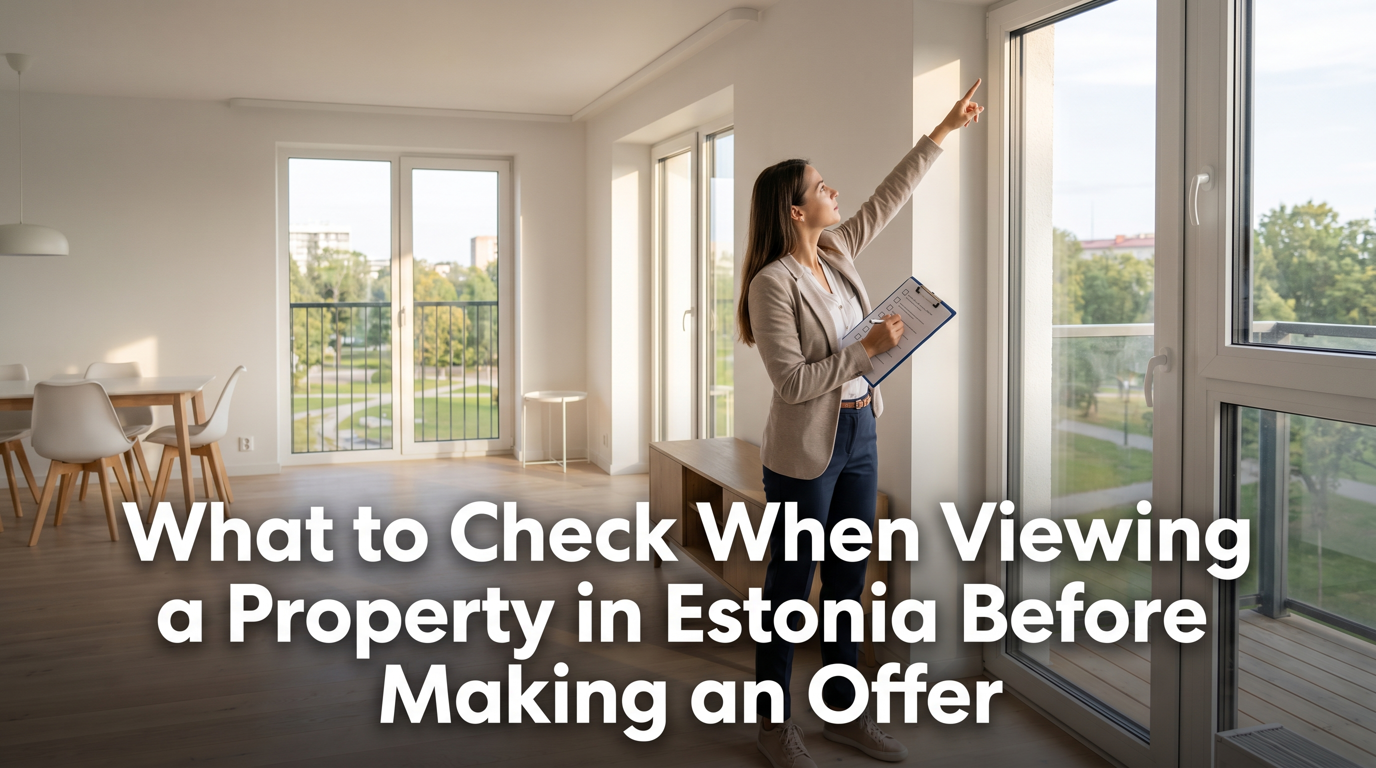 Property buyer inspecting bright modern Estonian apartment with clipboard checklist checking windows and walls
