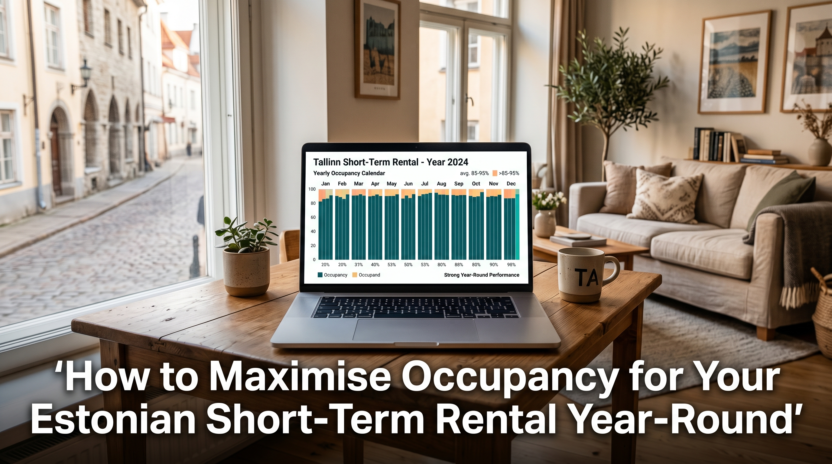Yearly occupancy calendar chart on laptop screen showing strong booking coverage for Tallinn Airbnb with apartment visible behind
