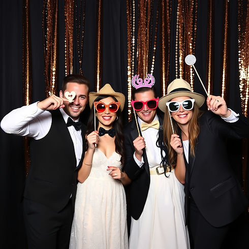 people taking photos for a photobooth with wedding props with black and gold background.jp
