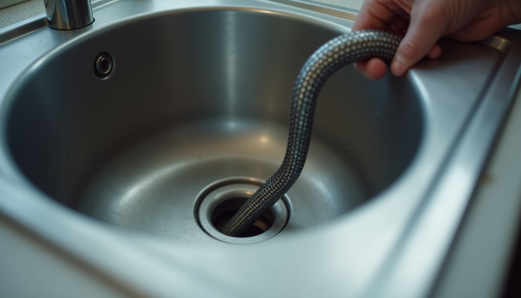Close-up view of a drain snake inserted into a kitchen sink drain